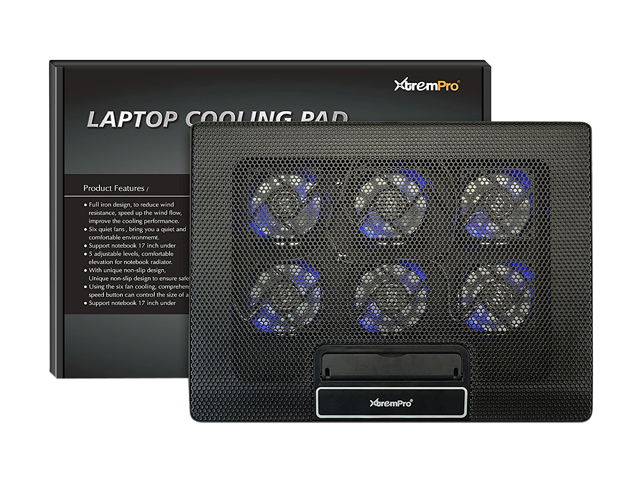 XtremPro Portable Metal Mesh Laptop Cooler Cooling Pad, 6 Quiet Fans w/ Blue LED Light, 6 Adjustable Levels, Up to 17" Notebook, 2 USB Interface w/ Speed Control Switch, Non-slip - Black (11149)