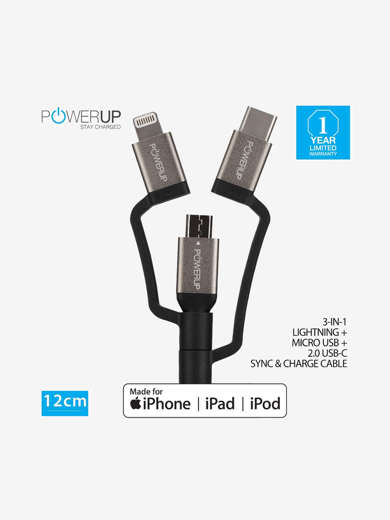 Powerup 12cm USB To Lightning/Type C/Micro MFi 3in1 Sync And Charge (Black)