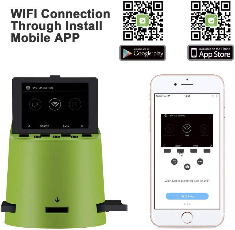 Unique Digital Film Scanner with 22MP, Converts 35mm, 126, 110, Super 8 Films, Slides, Negatives to JPEG, Tilt-Up 3.5" LCD, Transfer Pictures to Phones Via WiFi Connection, MAC and PC Compatible