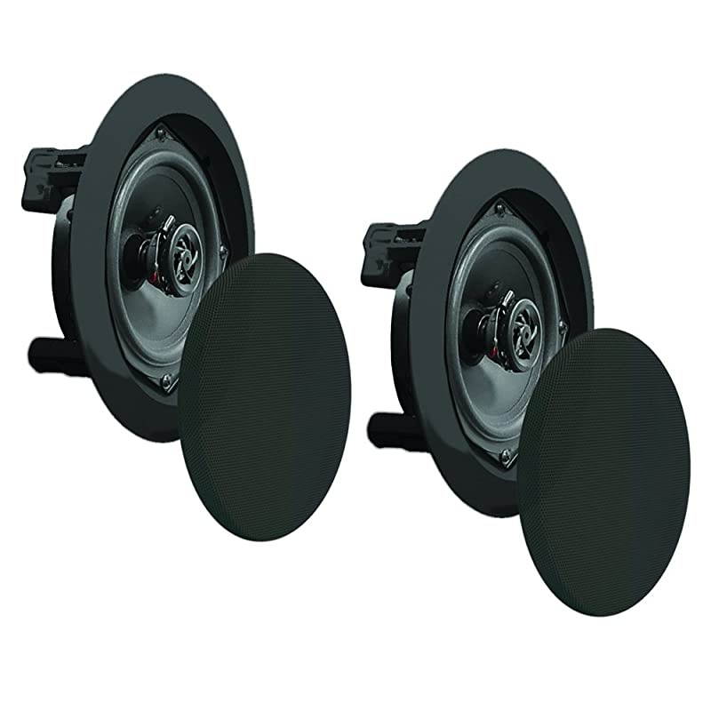 Ceiling Wall Mount Speakers 525 Pair of 2Way Midbass Woofer Speaker 1 Polymer Dome Tweeter Flush Design w 80Hz 20kHz Frequency Response 150 Watts Peak Easy Installation PDIC51RDBK