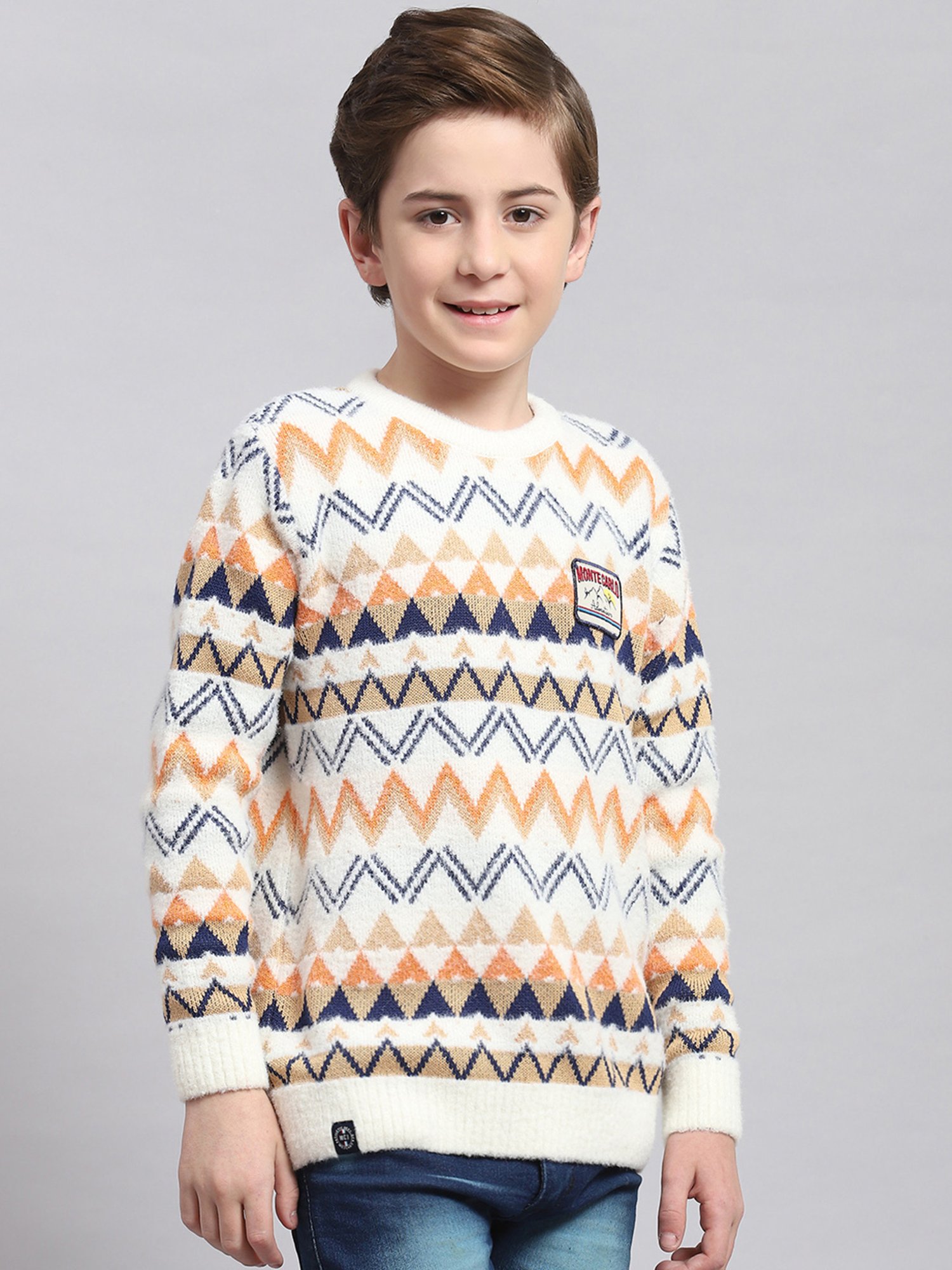 Monte Carlo Kids Off White Self Design Full Sleeves Sweater