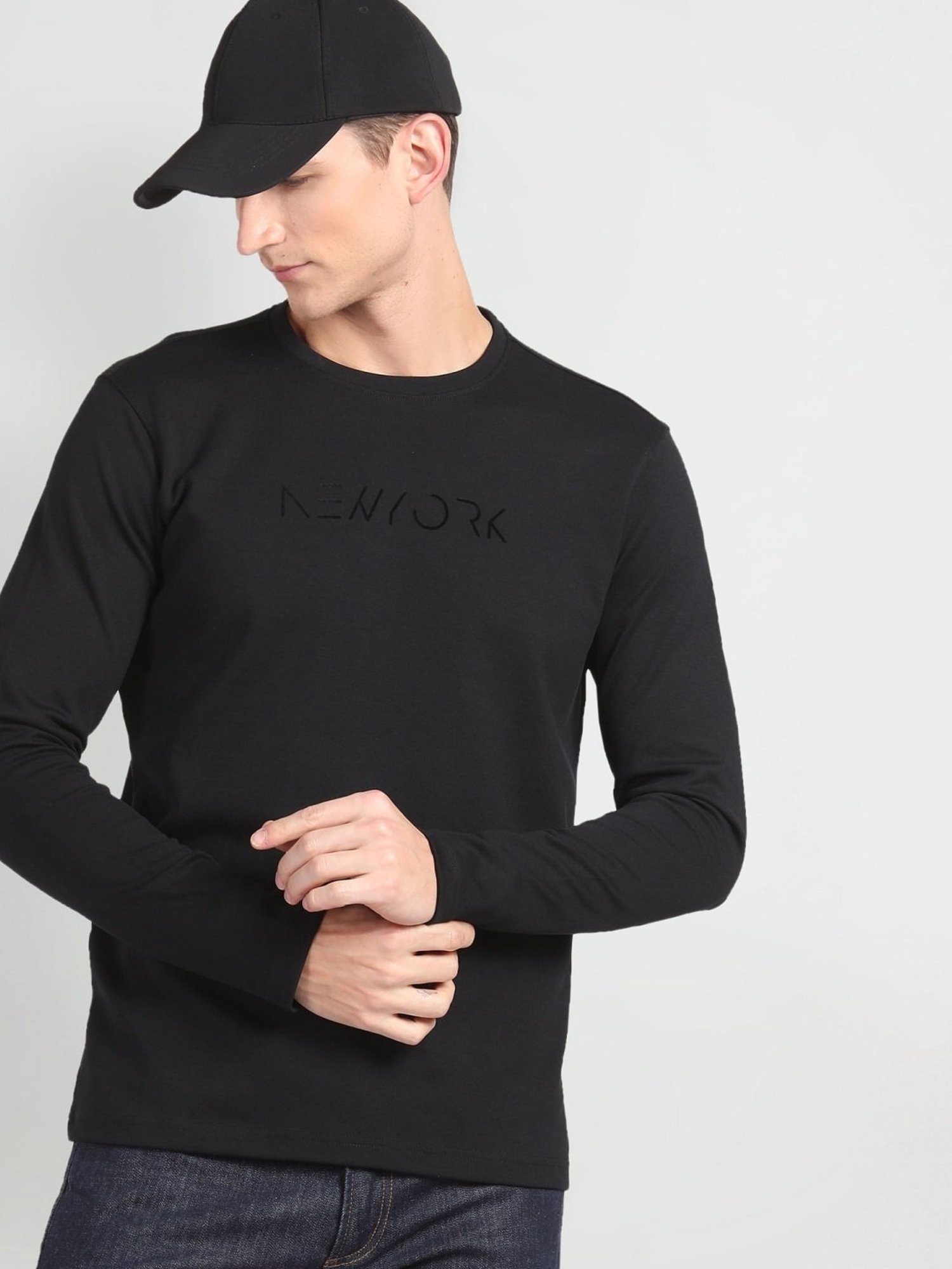 Arrow Newyork Black Cotton Regular Fit Printed T-Shirt