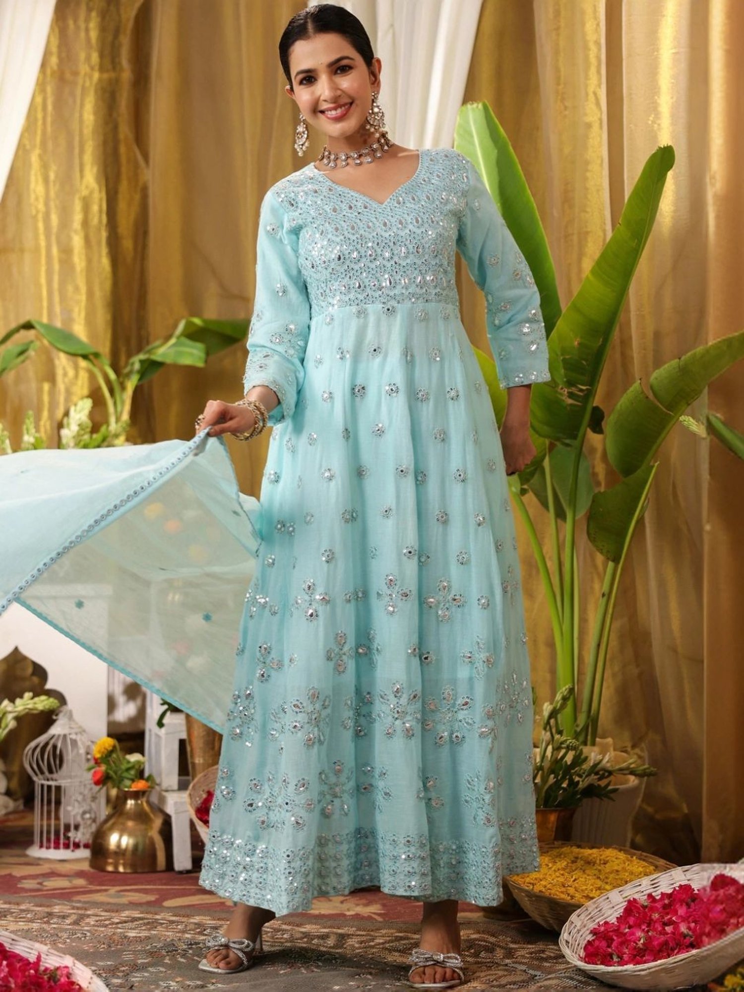 SCAKHI Aqua Mulmul Mirror & Sequin Embroidered Anarkali and Pant With Dupatta