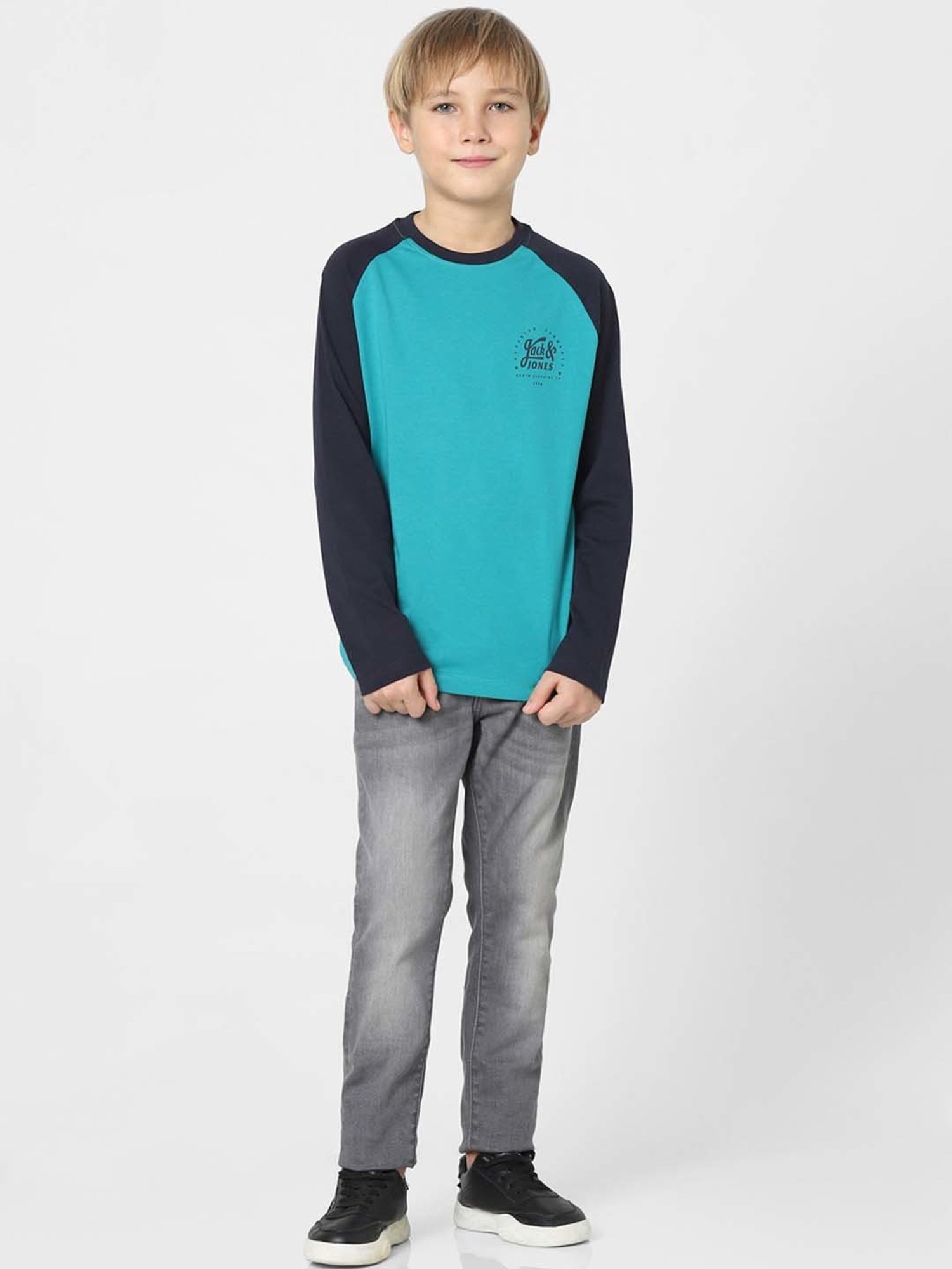 Jack & Jones Junior Teal Blue & Black Cotton Color Block Full Sleeves T-Shirt
