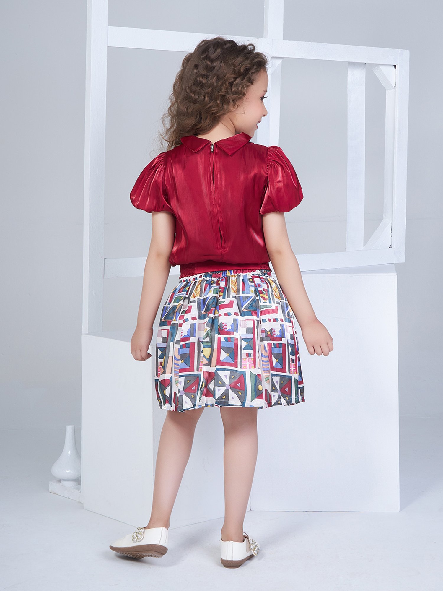 Peppermint Kids Maroon & White Printed Top with Skirt