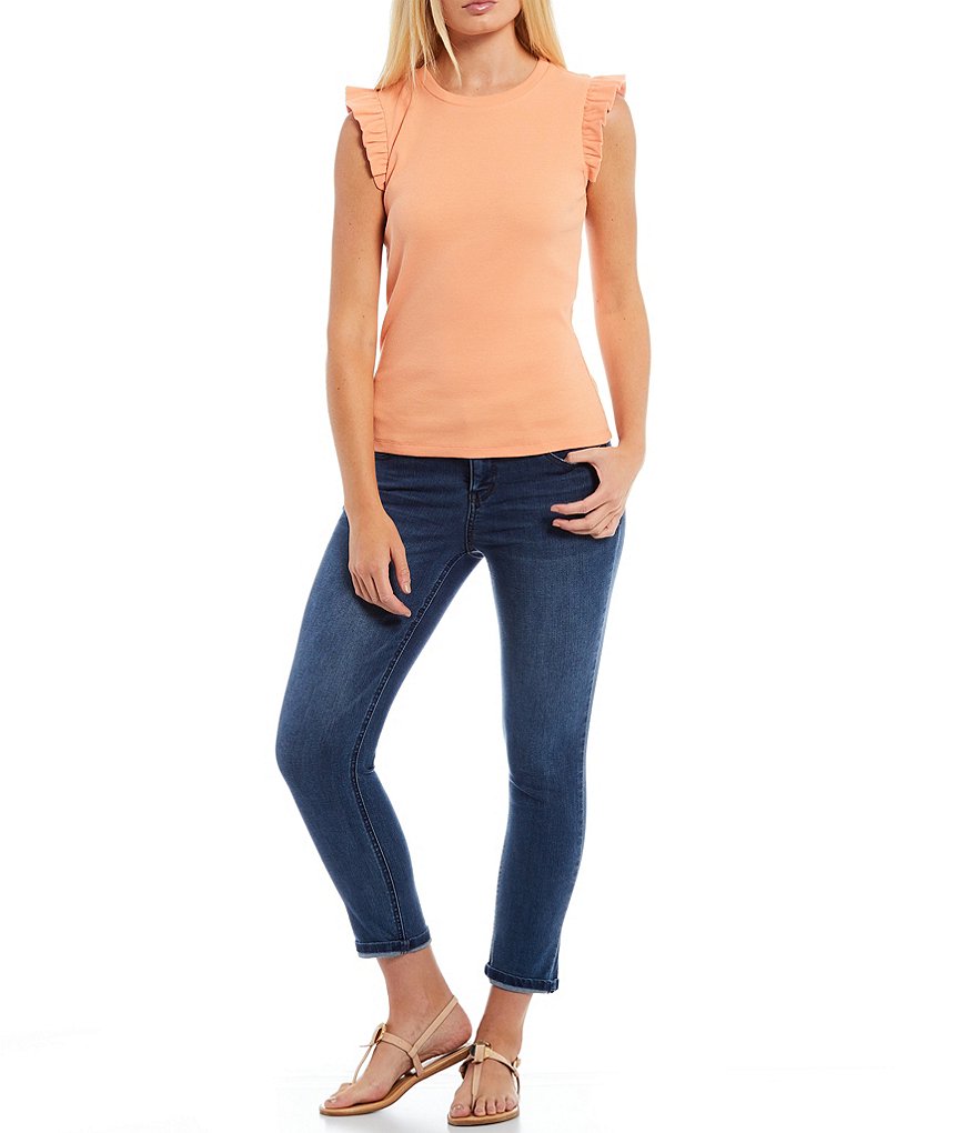 Gibson & Latimer Ruffle Sleeve Round Neck Rib Knit Top