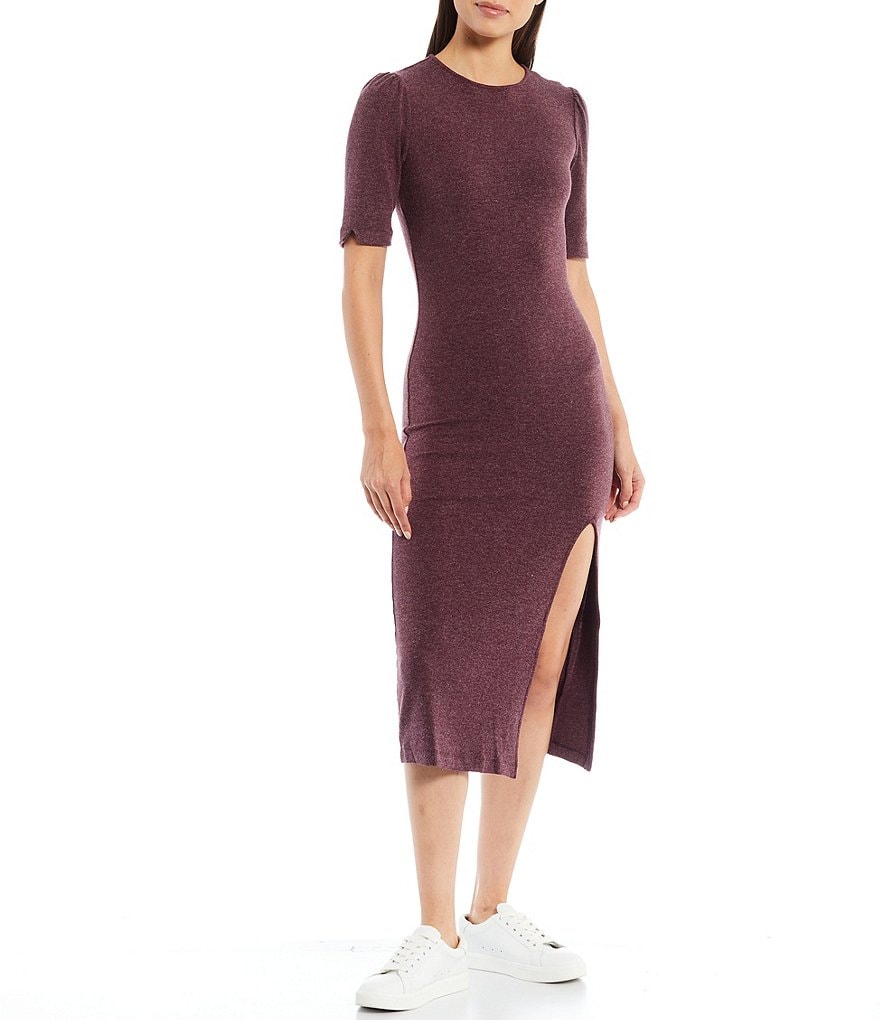 Shabby Chic Alicia Sweater Knit Jewel Neck Short Puff Sleeve High Side Slit Midi Dress