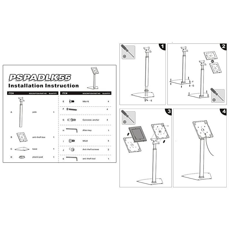 PSPADLK55 Tamper-Proof Anti-Theft iPad Kiosk Safe Security Public Floor Stand, Holder, Public Display Case with Adjustable Height & Cable Management for iPads 2/3/4/Air , Black