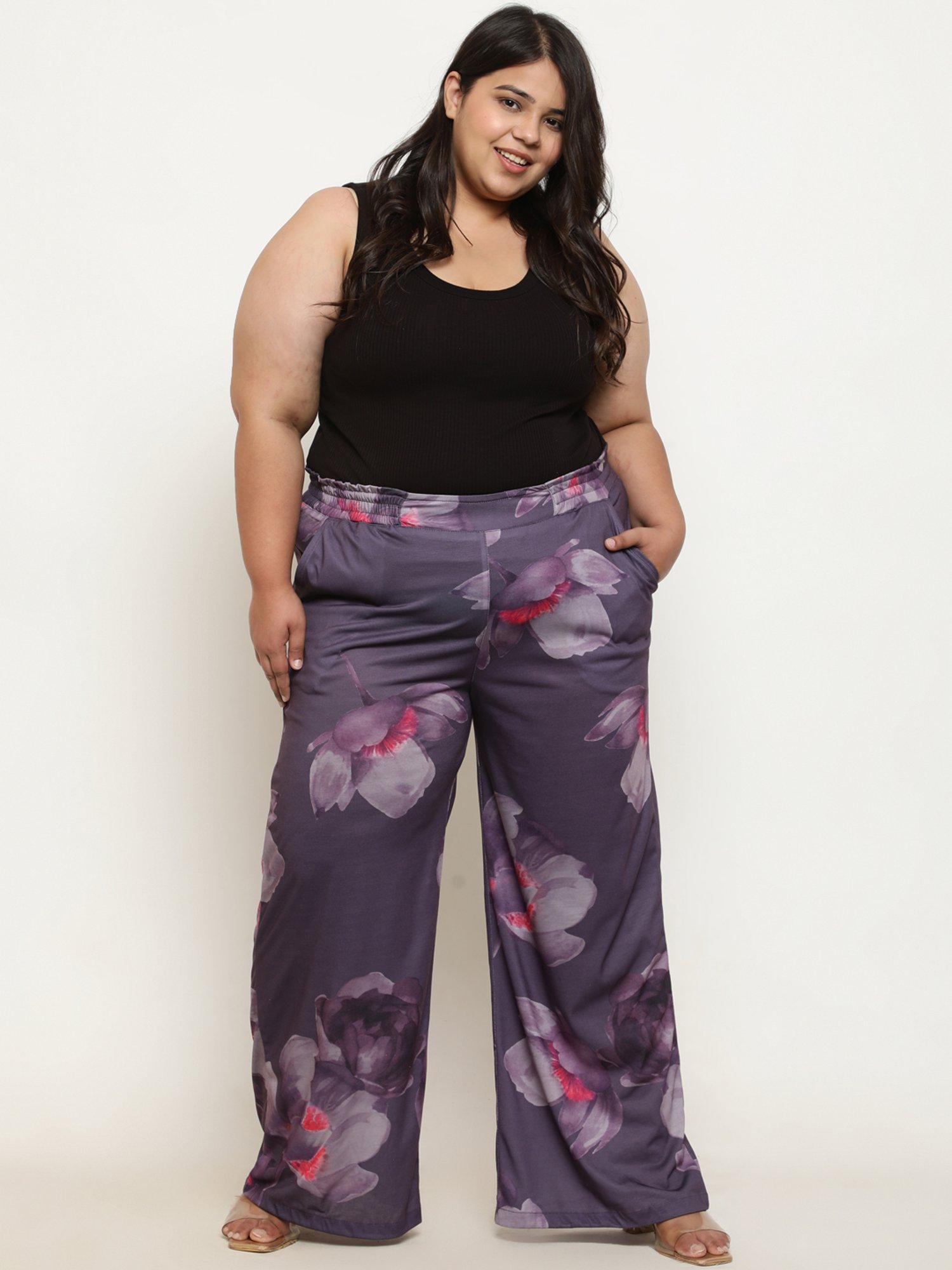 Amydus Purple Printed Flared Fit High Rise Pants
