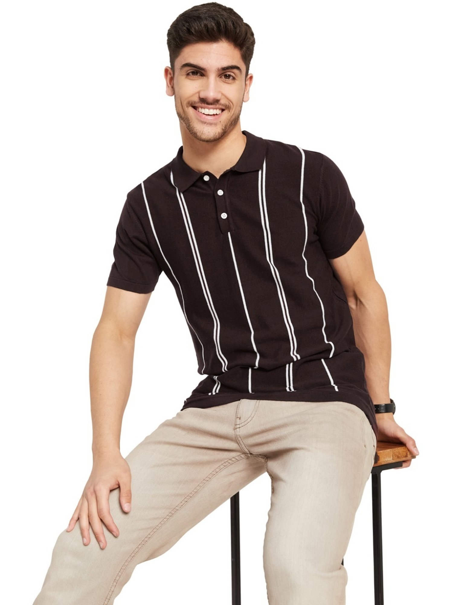 METTLE Wine Cotton Regular Fit Striped Polo T-Shirt