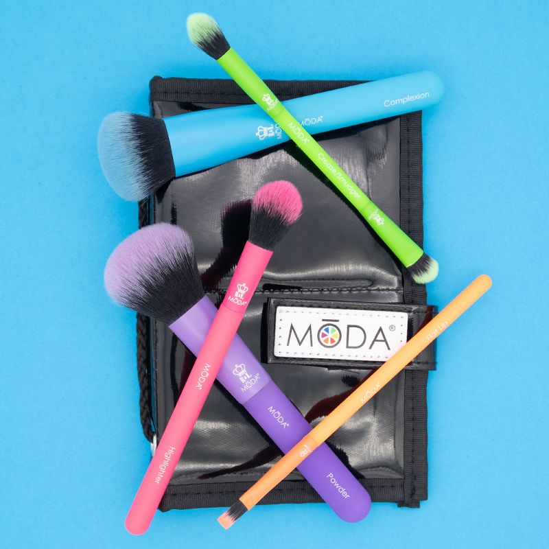 MODA Brush Totally Electric 6pc Complete Face Flip Kit Makeup Brush Set with Travel Flip Case