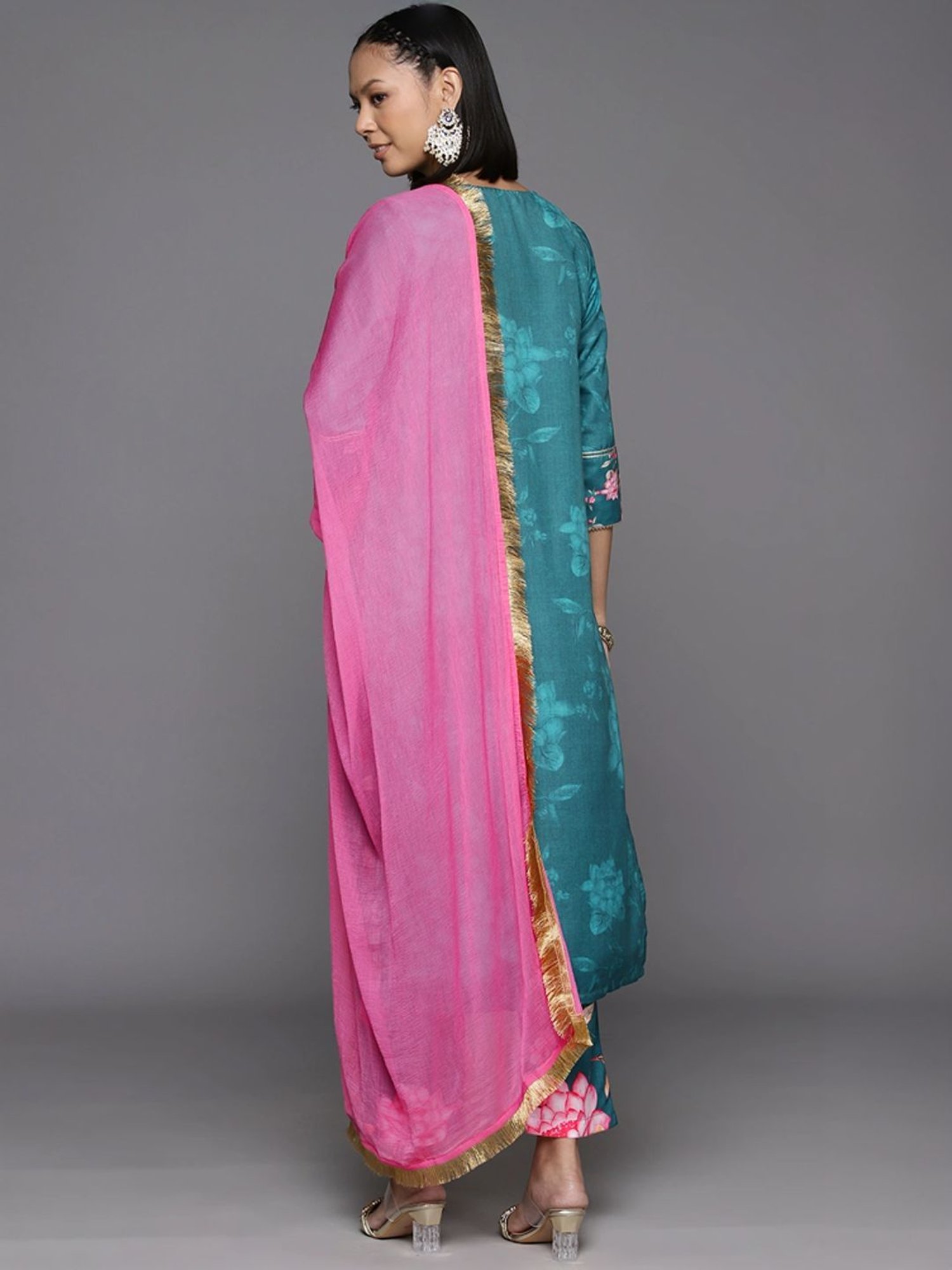 Varanga Teal Blue Floral Print Kurta Pant Set With Dupatta