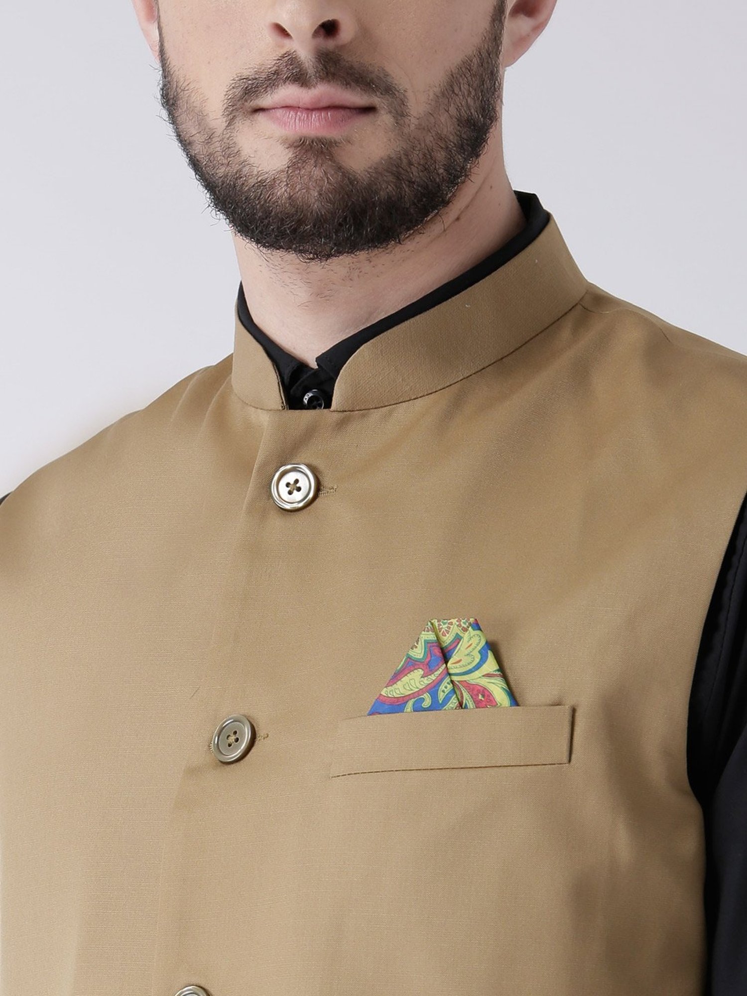 Hangup Plus Khaki Regular Fit Mandarin Collar Two Piece Suit