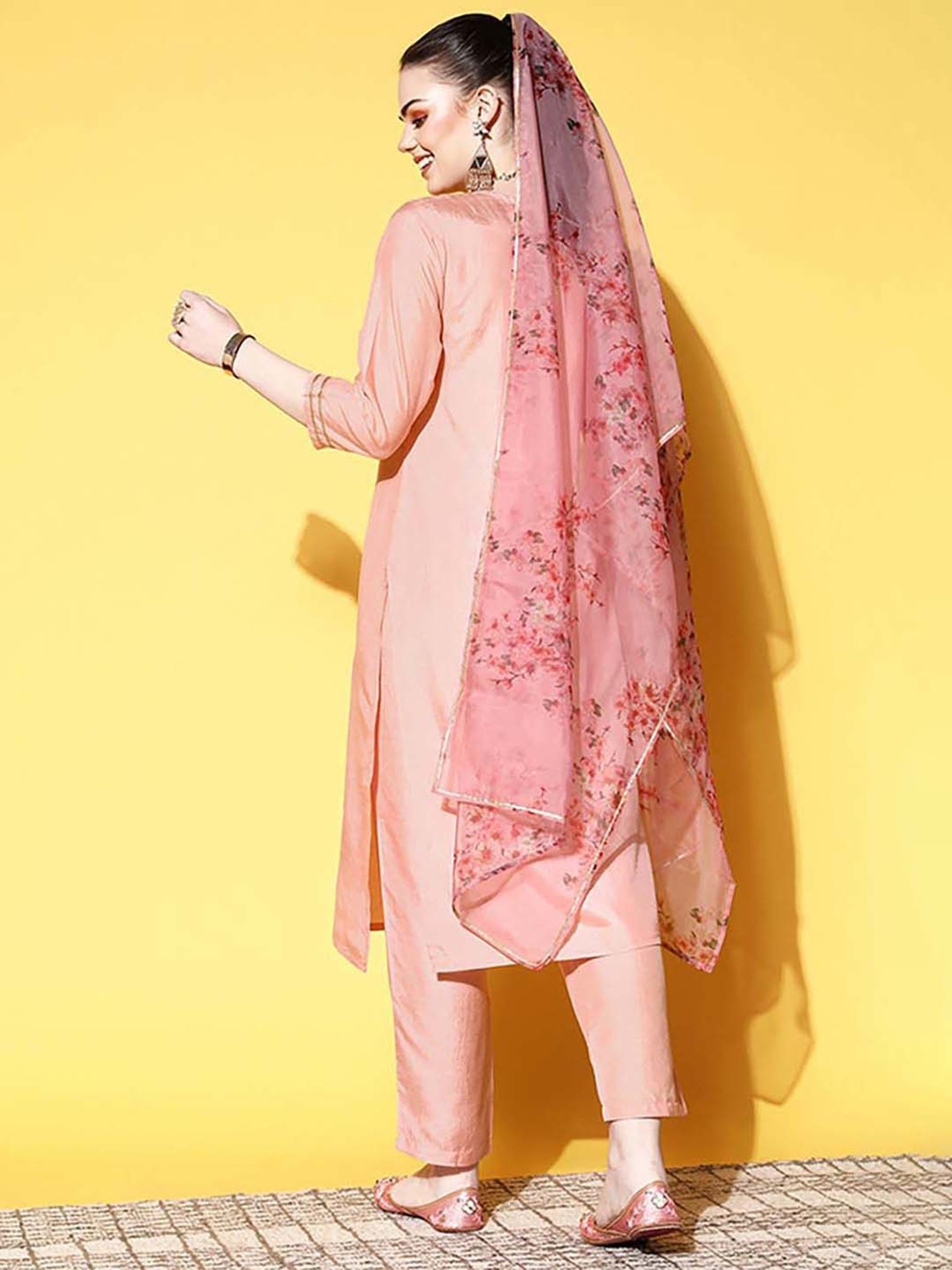Ishin Peach Embellished Kurta & Pant Set With Dupatta