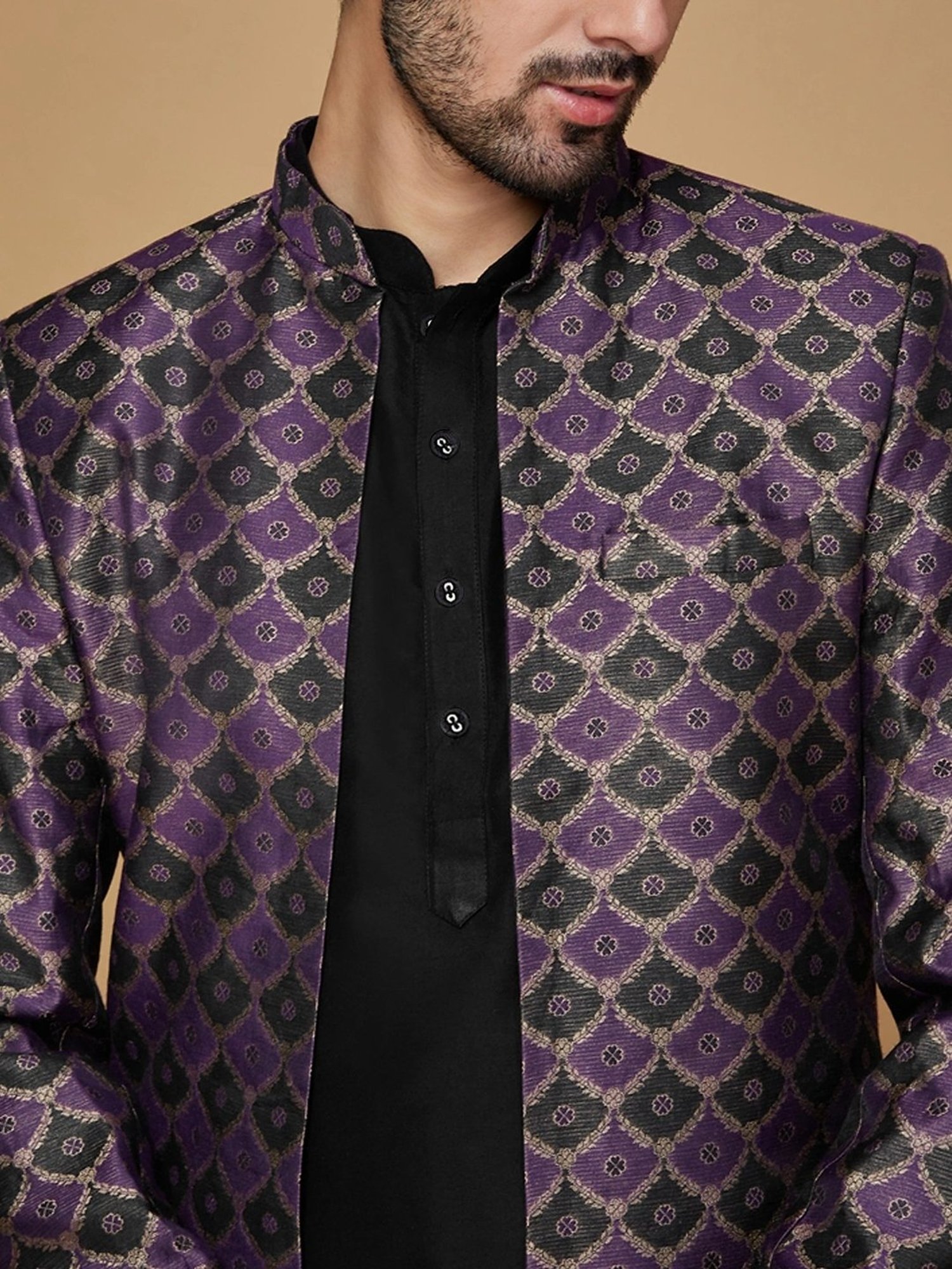 Hangup Plus Beige & Black Regular Fit Printed Sherwani Set