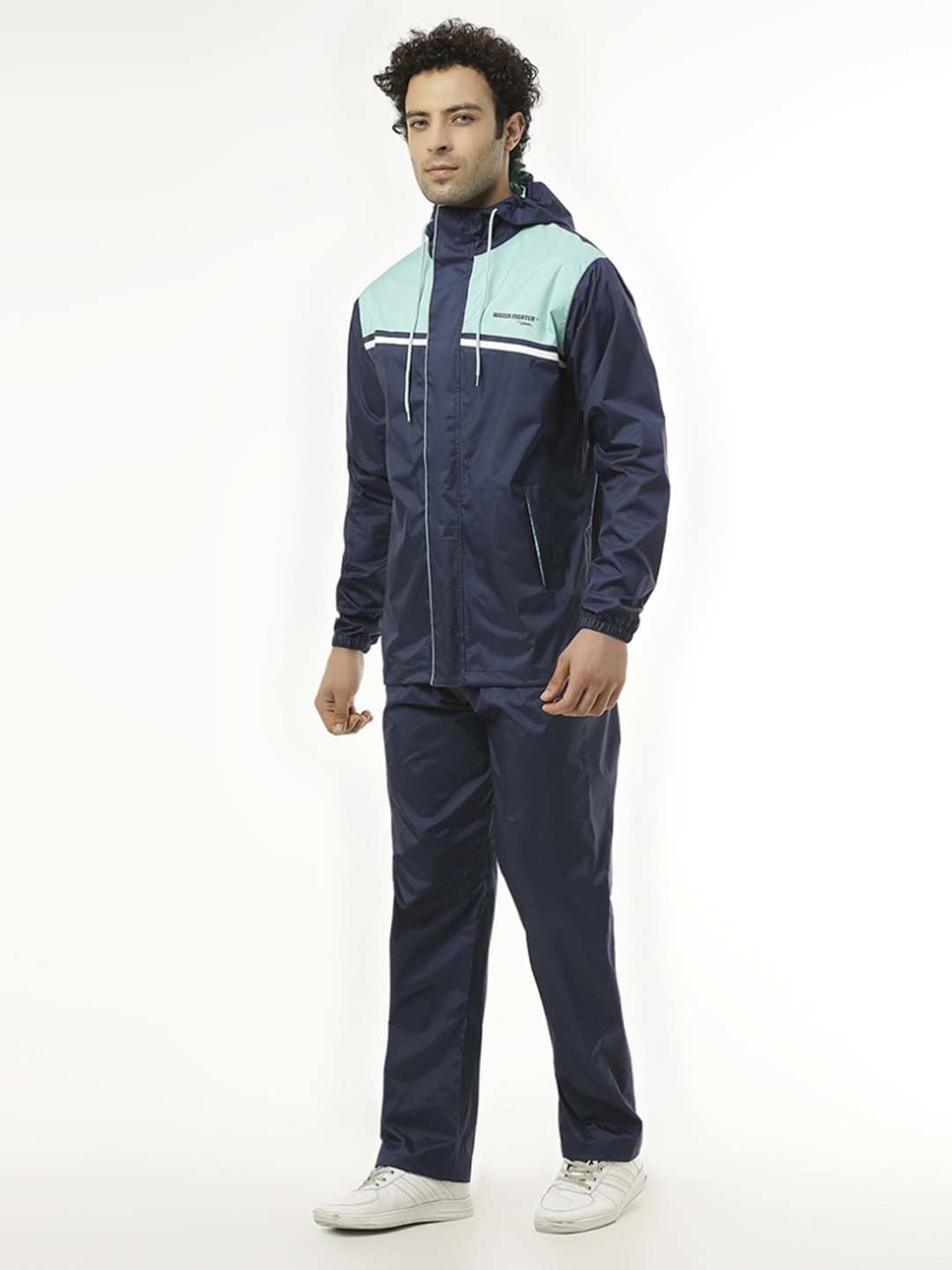 Zeel Navy & Green Colour-Block Rainwear Jacket