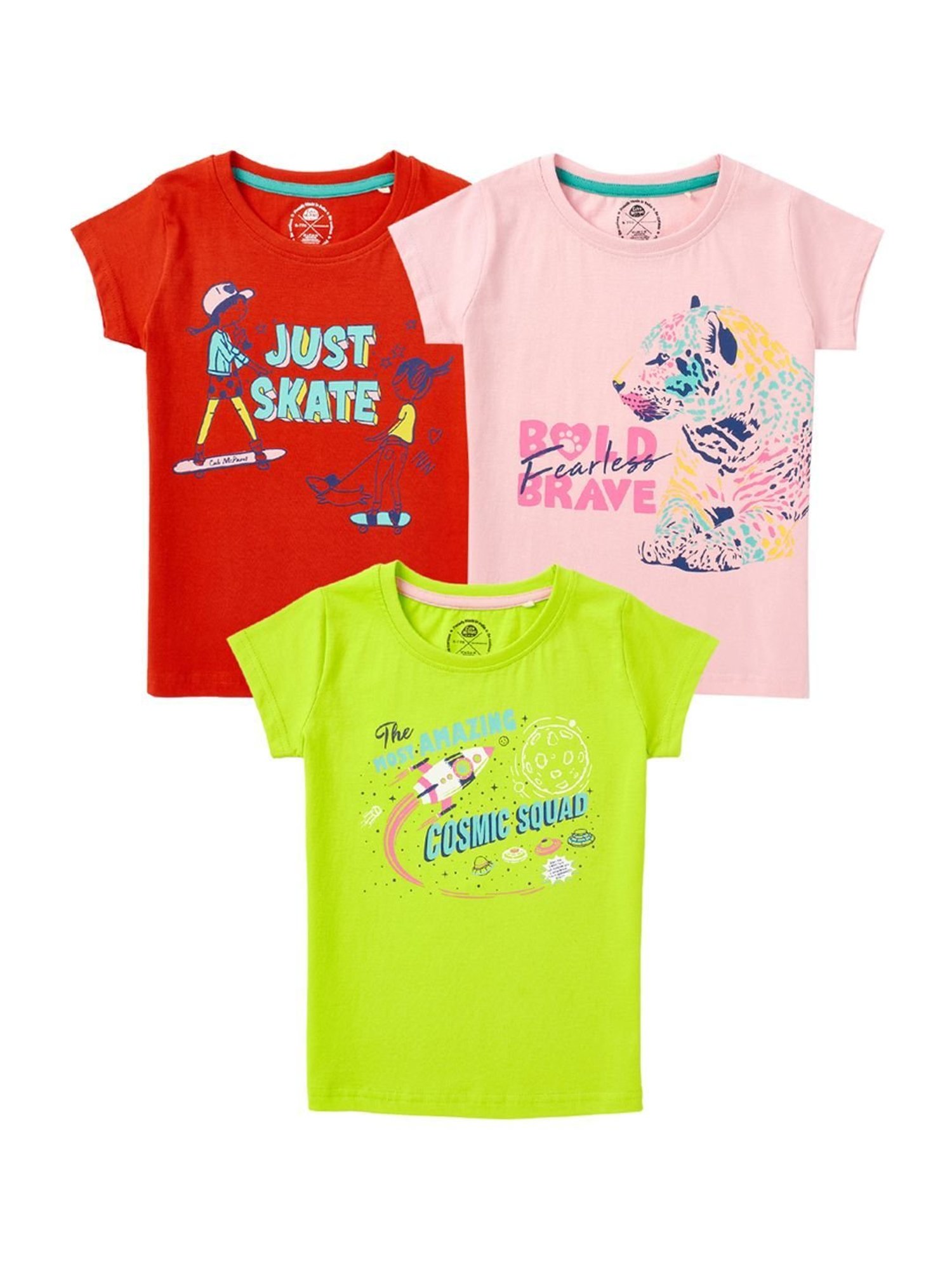 Cub McPaws Kids Multicolor Cotton Printed T-Shirt (Pack of 3)
