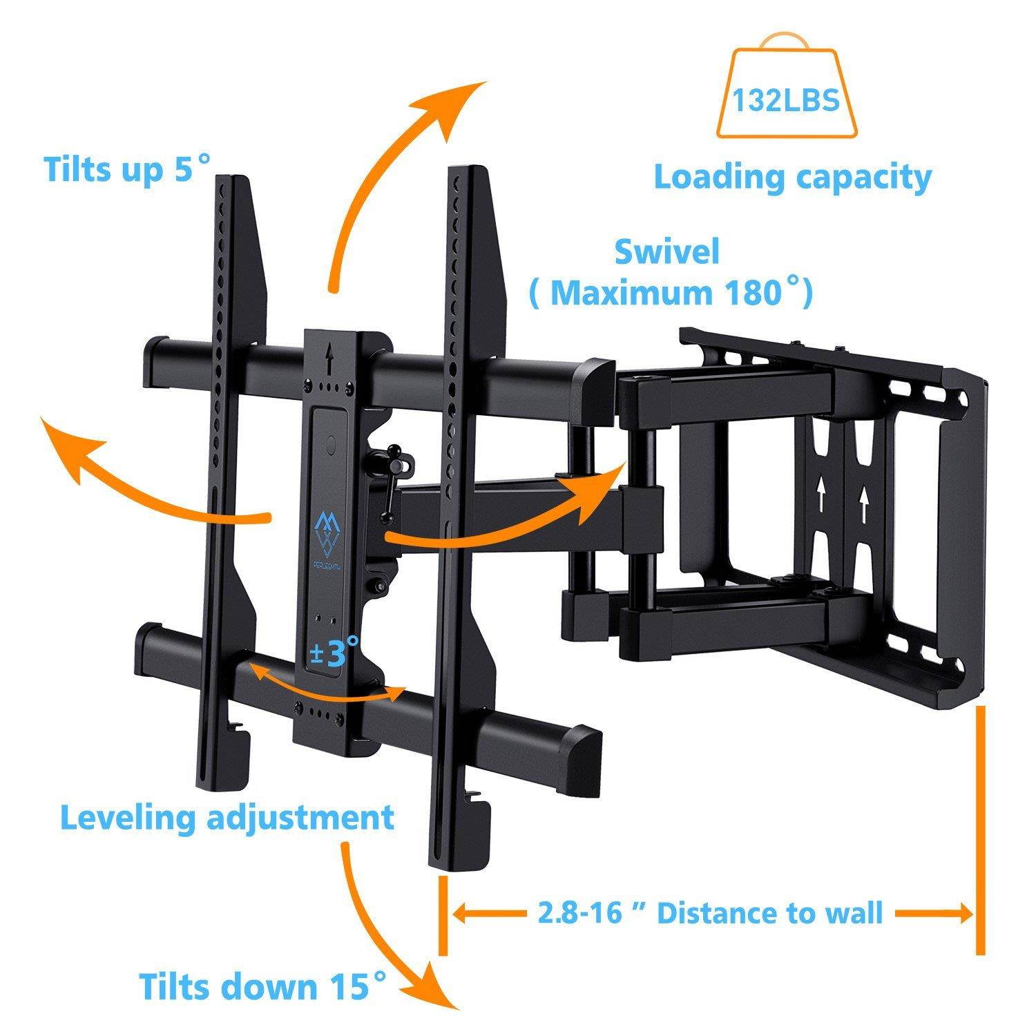 PERLESMITH TV Wall Mount Bracket Full Motion Dual Articulating Arm for Most 37-70 Inch LED, LCD, OLED, Flat Screen,Plasma TVs up to 132lbs VESA 600x400mm with Tilt, Swivel and Rotation