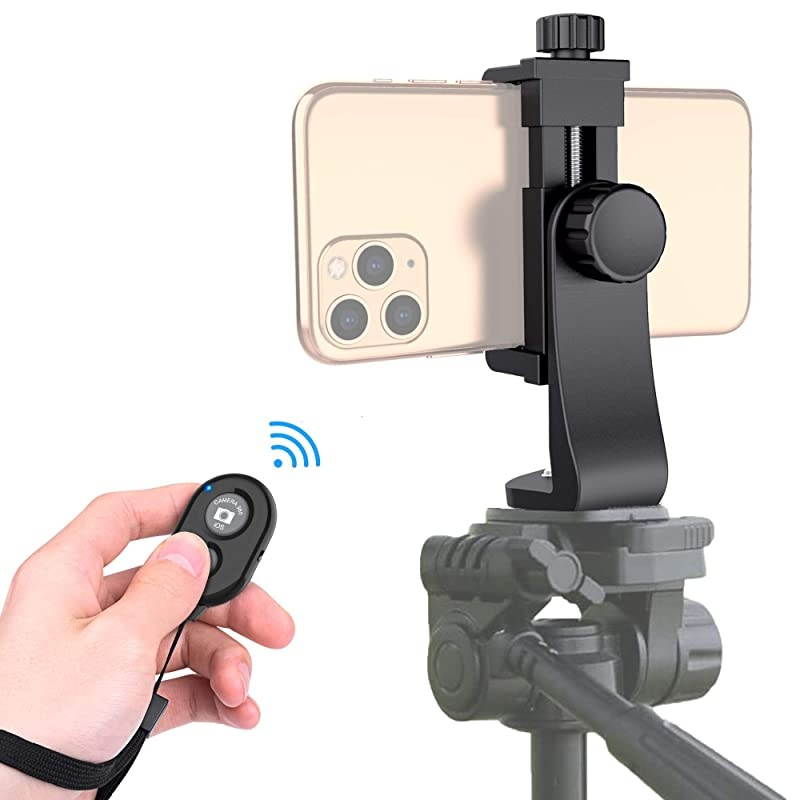 Phone Tripod Mount Adapter with Bluetooth Camera Remote Cell Phone Holder with Adjustable Clamp for Selfie Stick Monopod Compatible with iPhone Samsung and so on Wrist Strap Included