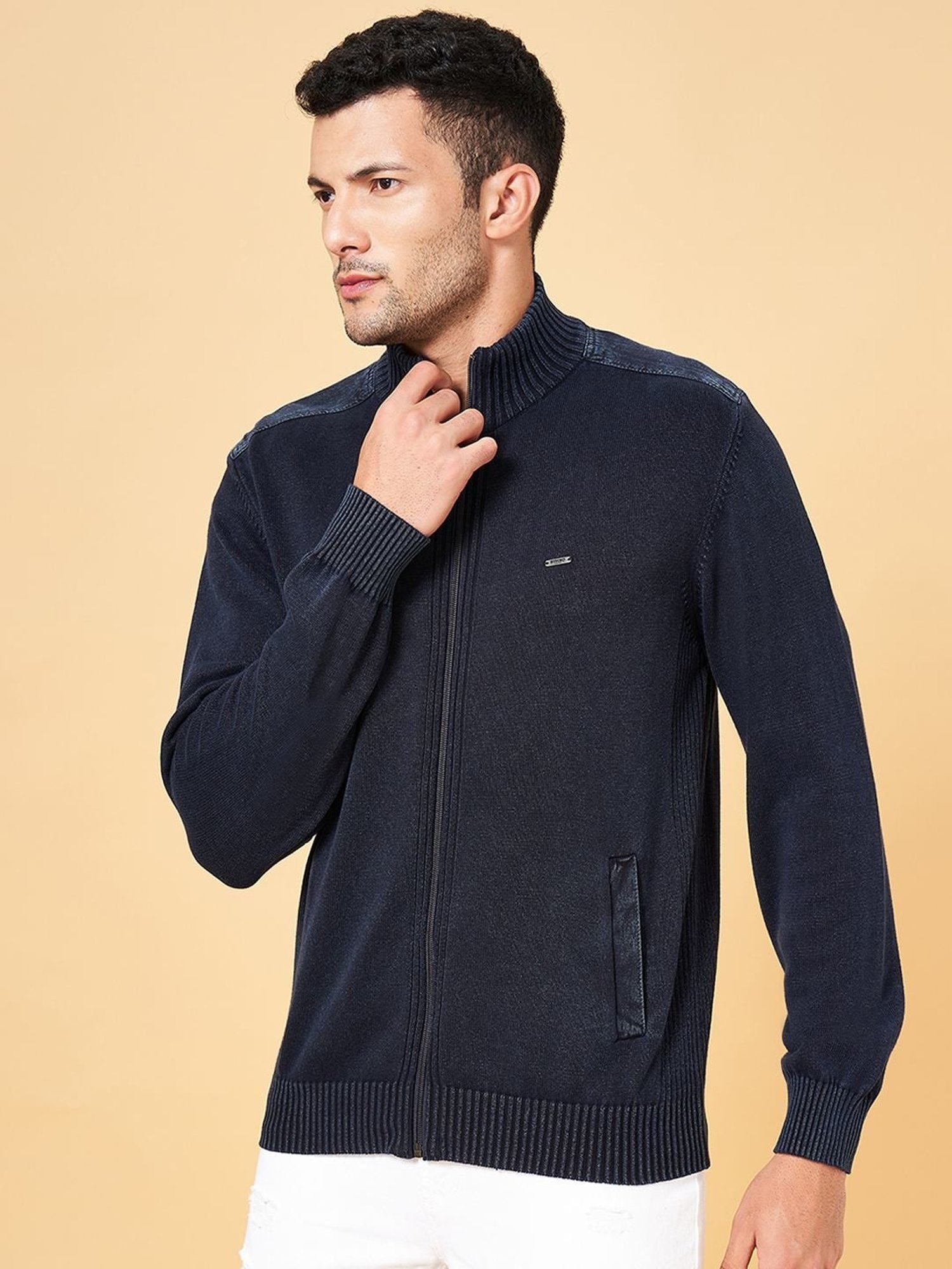 Byford by Pantaloons Navy Cotton Slim Fit Sweater