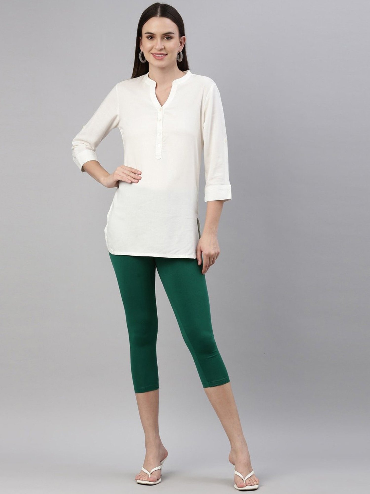 TWIN BIRDS Green Cotton Capris