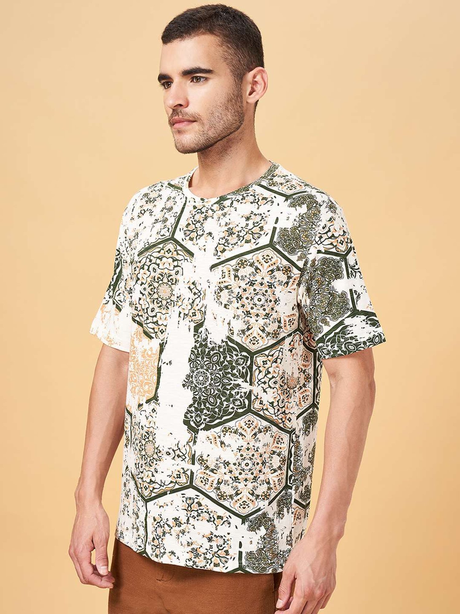 7 Alt by Pantaloons Beige Cotton Relaxed Fit Printed T-Shirt