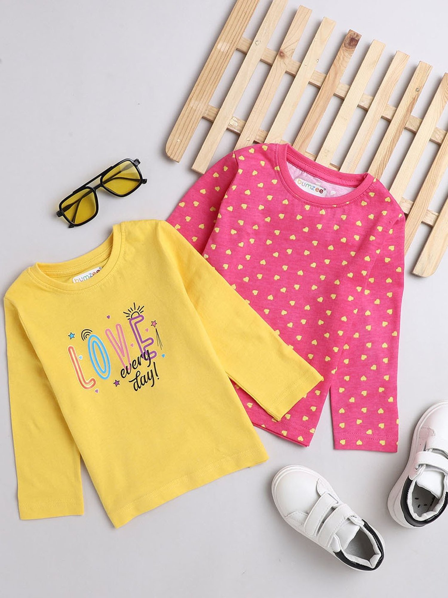 Bumzee Kids Pink & Yellow Printed Full Sleeves T-Shirts (Pack Of 2)