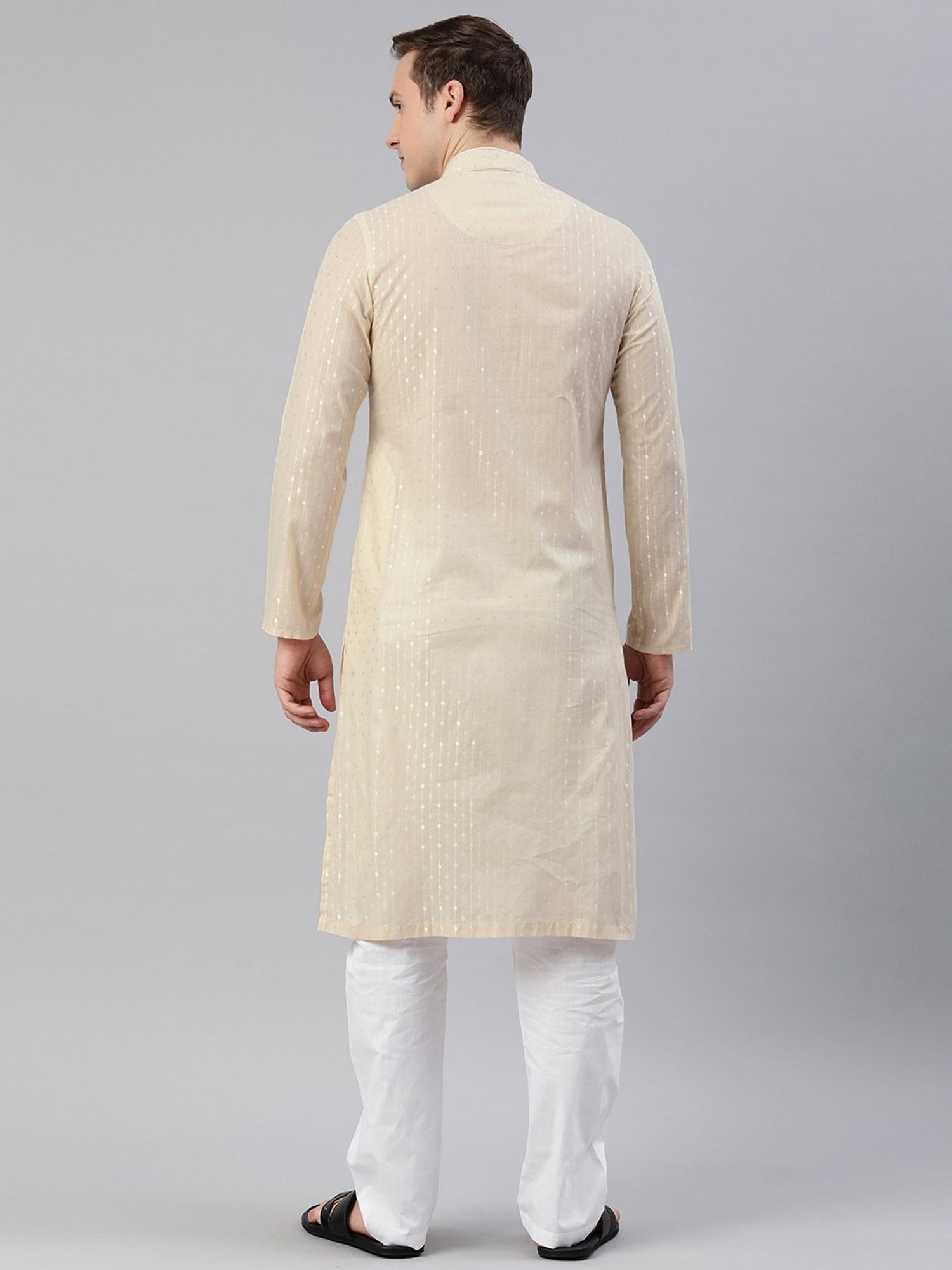 Manthan Light Beige & White Regular Fit Self Design Kurta & Pyjamas Set