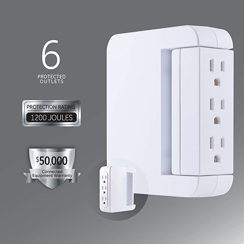 Pro 6 Outlet Wall Tap Sur Protector, Side Access, Power Outlet Adapter, 1200 Joules & Pro Side-Access Swivel Sur Protector, 6-Outlet Wall Tap, 3 Prong, 1200 Joules, 120V AC, 15A, 1800W, White