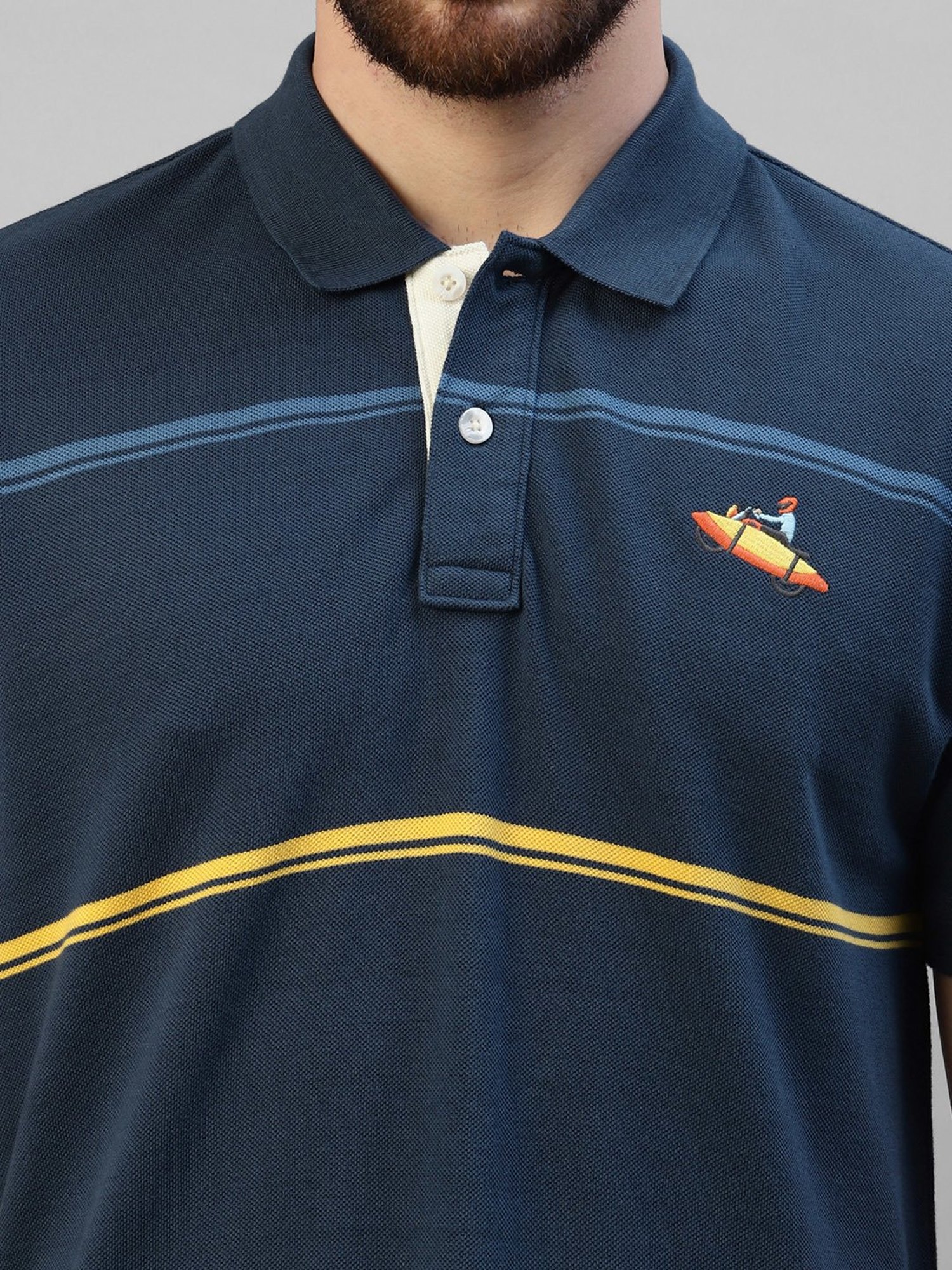 Royal Enfield Navy Regular Fit Thick & Thin Pin Polo T-Shirt