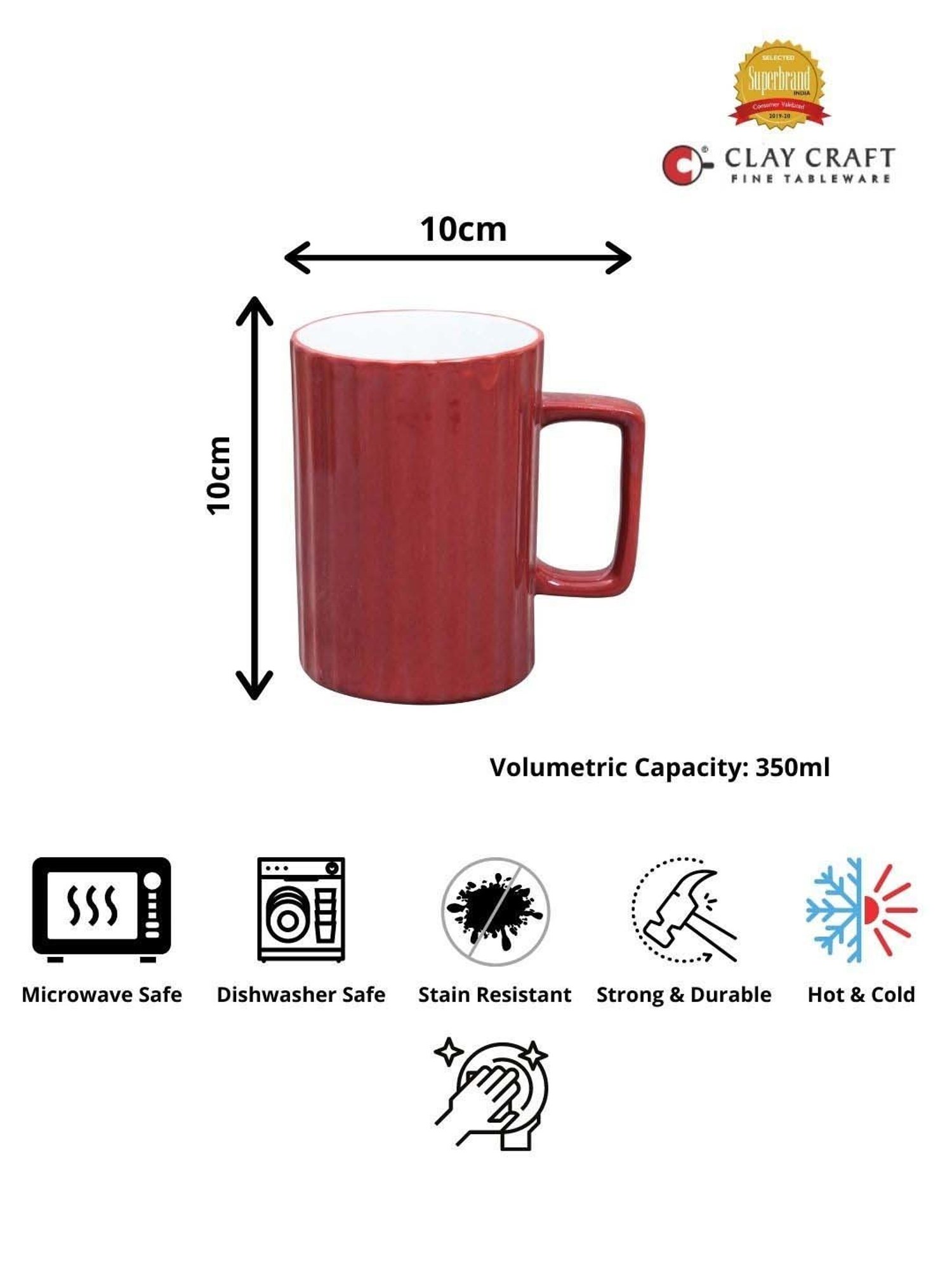 Clay Craft Red Ceramic 8 cm Milk Mug (0.35 L) - Set of 2