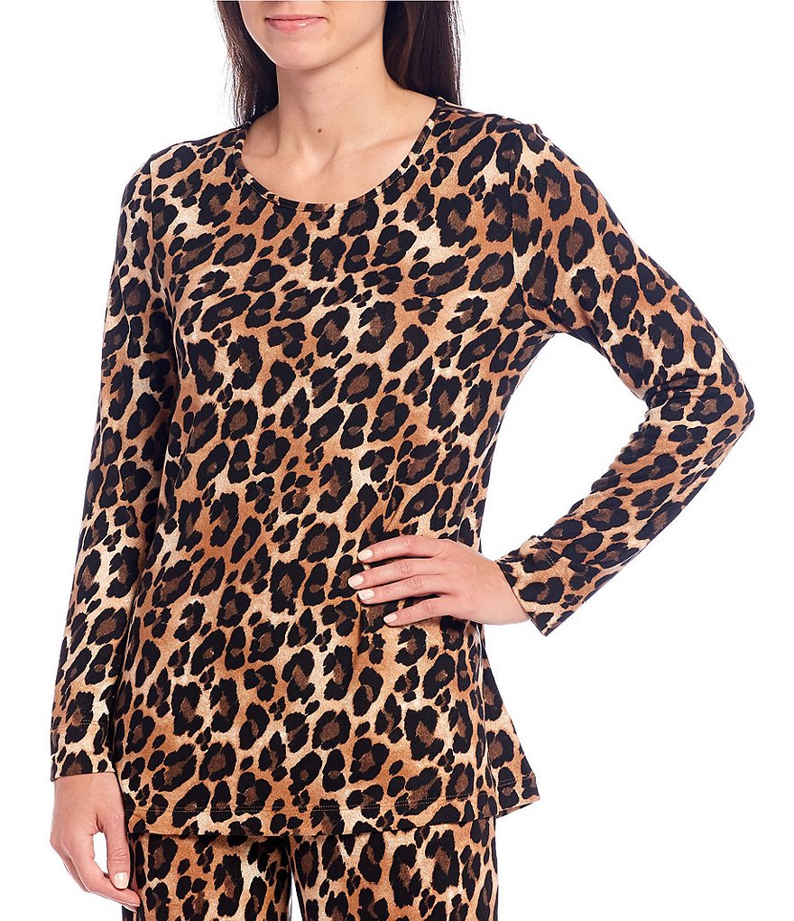 Natori Mirage Ombre Animal Print Knit Round Neck Long Sleeve Lounge Top