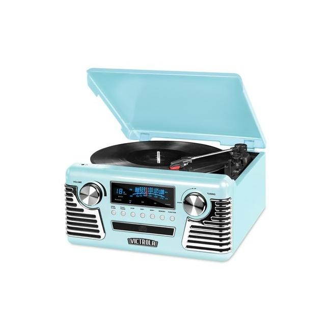 victrola 50's retro 3speed bluetooth turntable with stereo, cd player and speakers, teal