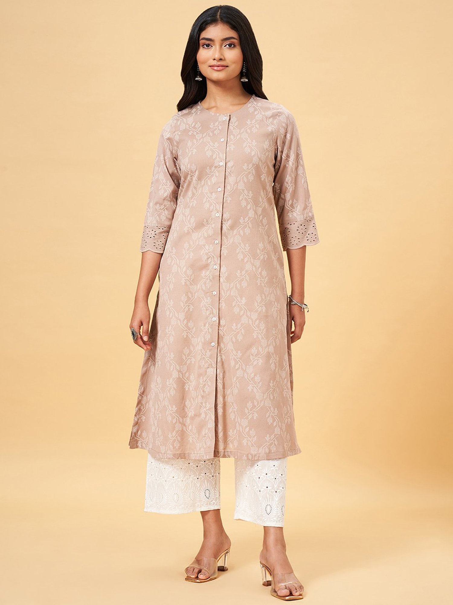 Rangmanch by Pantaloons Beige Cotton Printed Straight Kurta