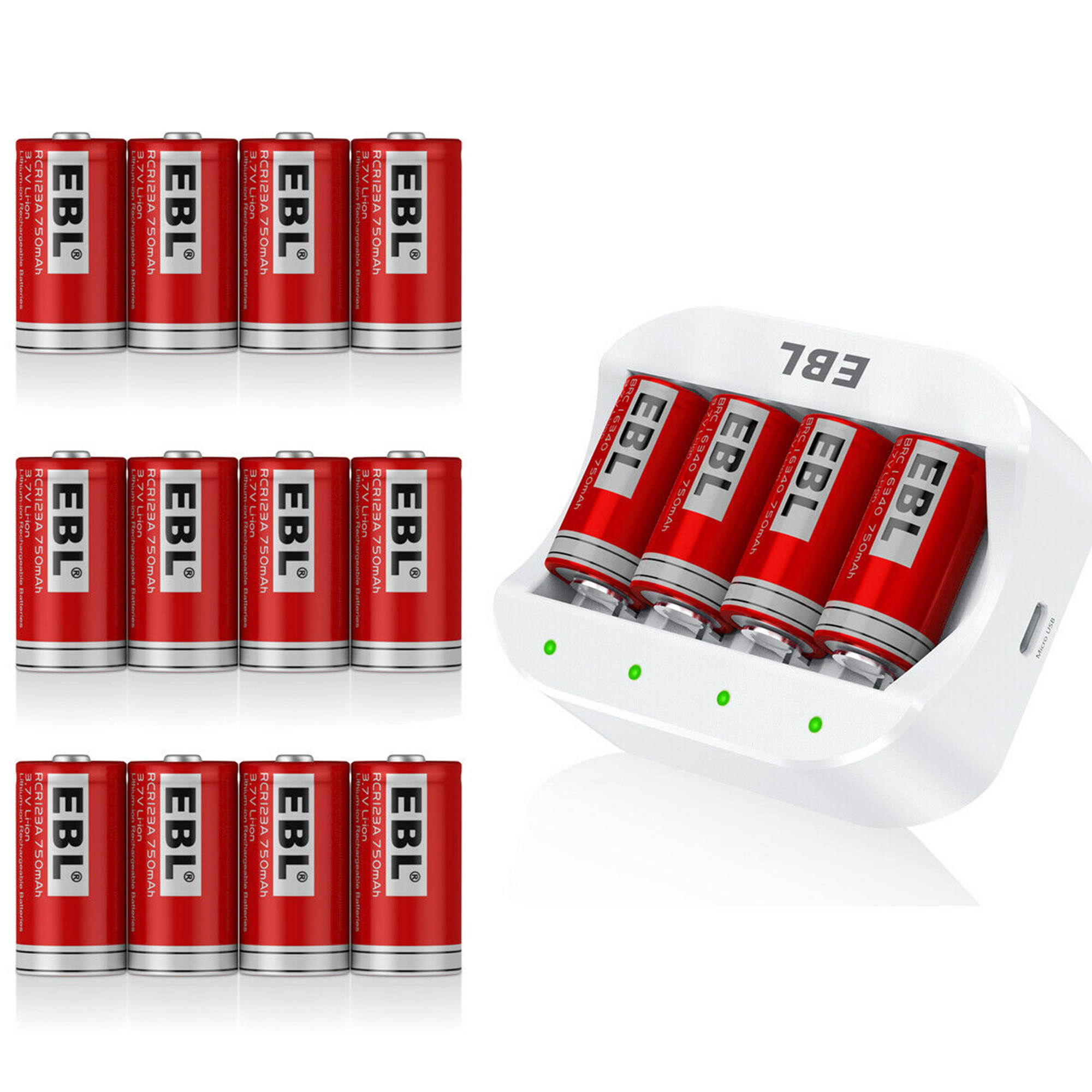 EBL 8 Pcs 16340 3.7V RCR123A Batteries + Smart 4 Slots Battery Charger for 16340 RCR123A Li-ion Rechargeable Batteries