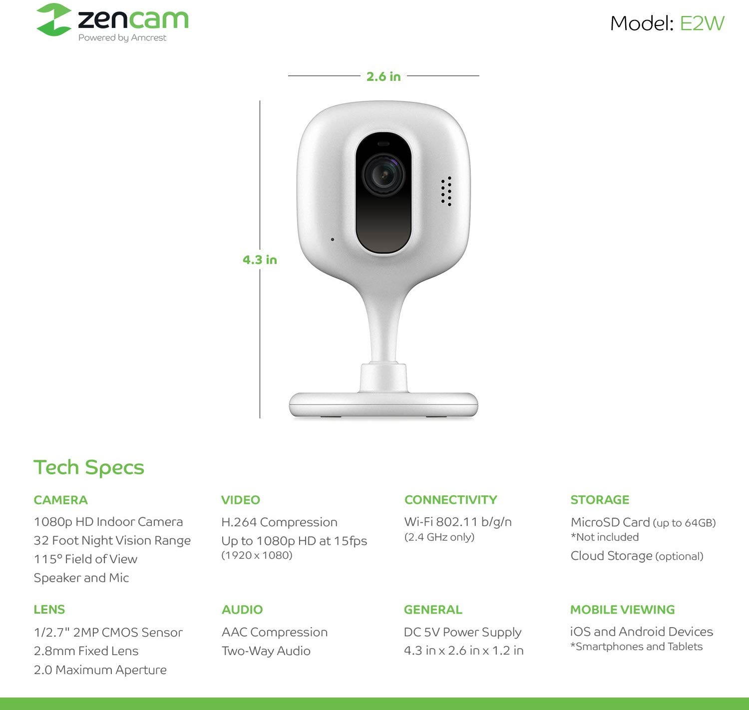 Zencam 1080p WiFi Camera, Indoor Security Wireless IP Camera, Two-Way Talk, Night Vision for Home, Office, Baby, Pet Cam with MicroSD & Cloud Storage, White Updated Firmware 2020 Version (E2W)