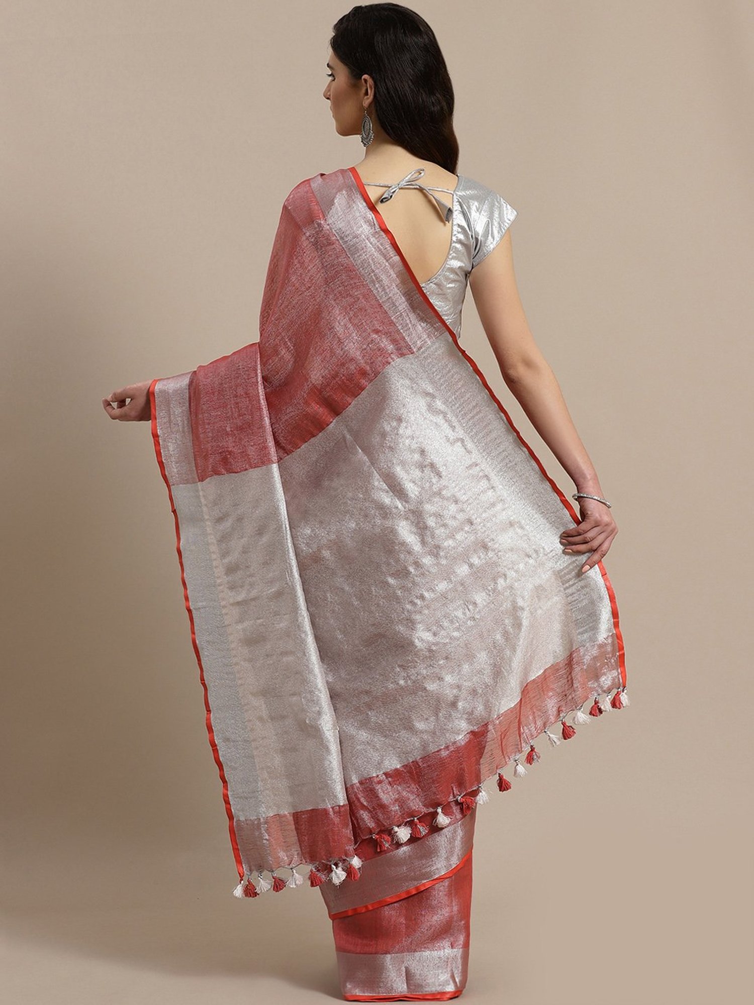 Kalakari India Red & Silver Saree With Unstitched Blouse