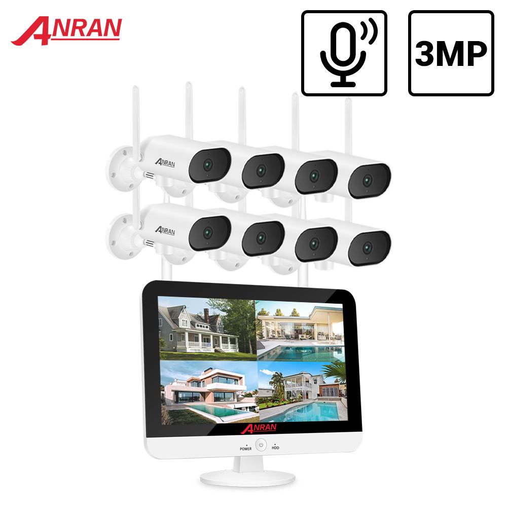 ANRAN All in One Wireless Security Camera System with 13" LCD Monitor & 3TB Hard Drive, 8 Channel NVR 8Pcs 3MP Zoom WiFi Surveillance Cameras with One-Way Audio
