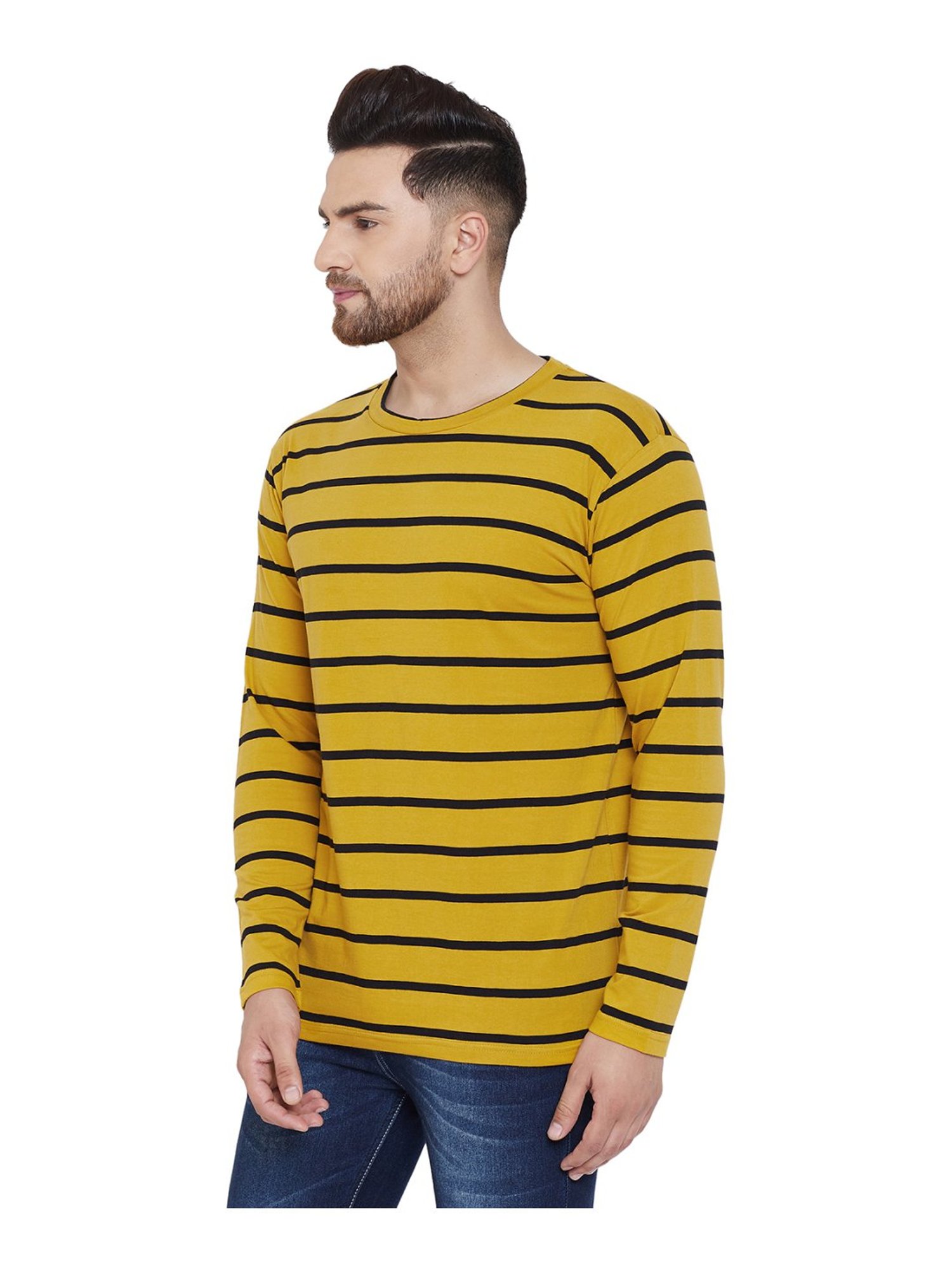 Hypernation Mustard & Black Cotton Regular Fit Striped T-Shirt
