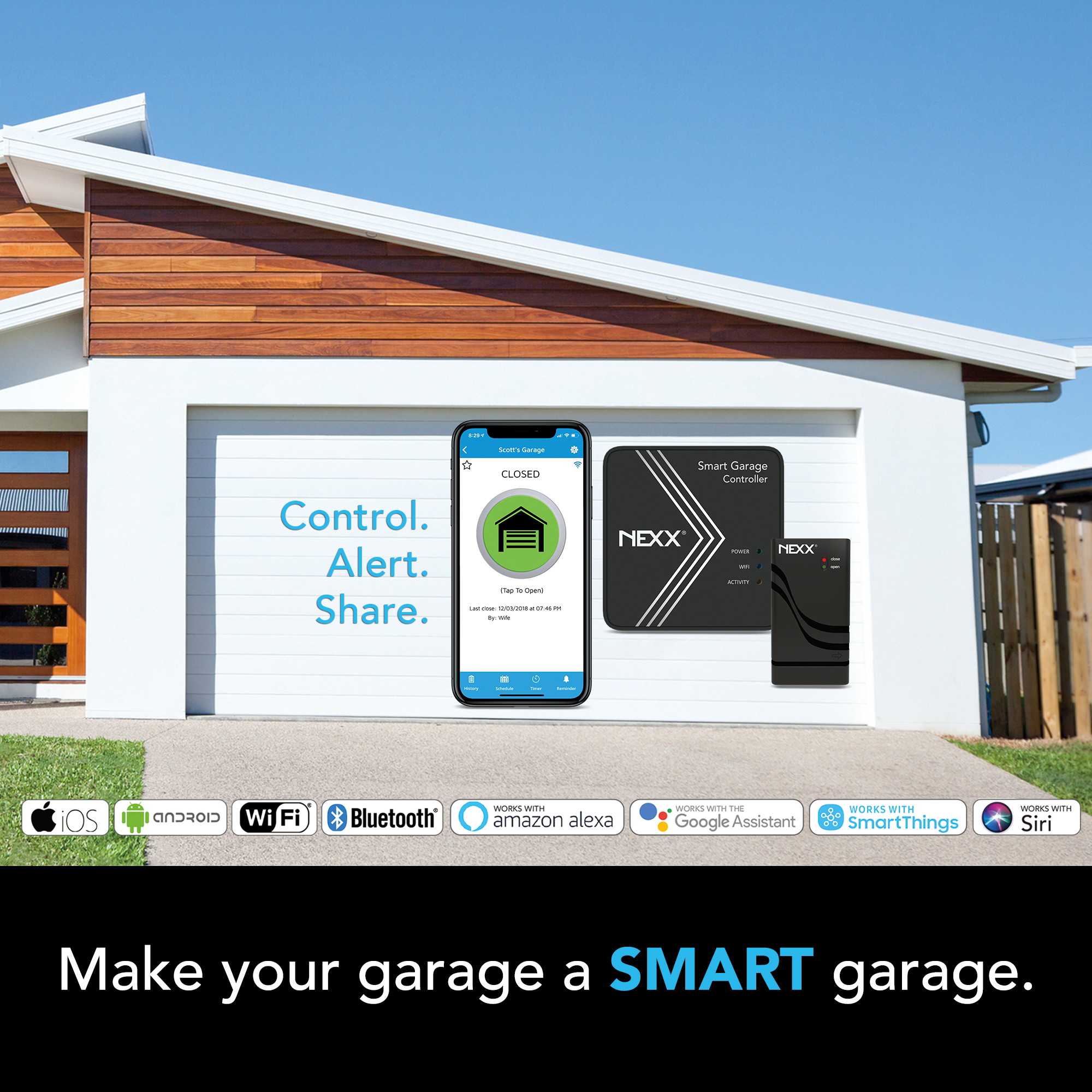 Nexx Smart Wi-Fi Controller NXG-200 - Remotely Control Existing Garage Door Opener with Nexx App, Works with Amazon Alexa, Google Assistant, Siri, SmartThings, No Hub Required, Black
