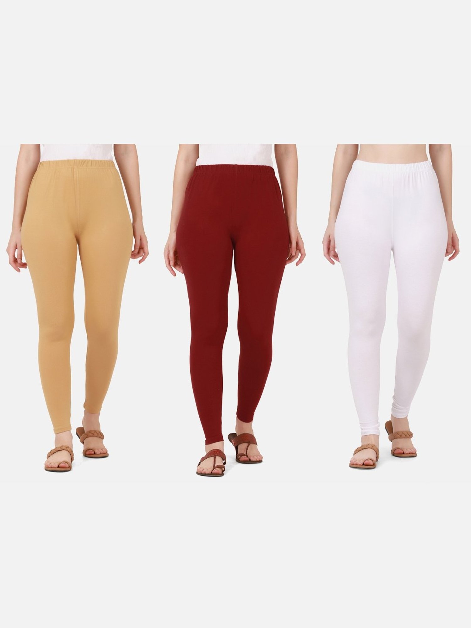BUYNEWTREND Beige & Maroon Cotton Leggings - Pack Of 3