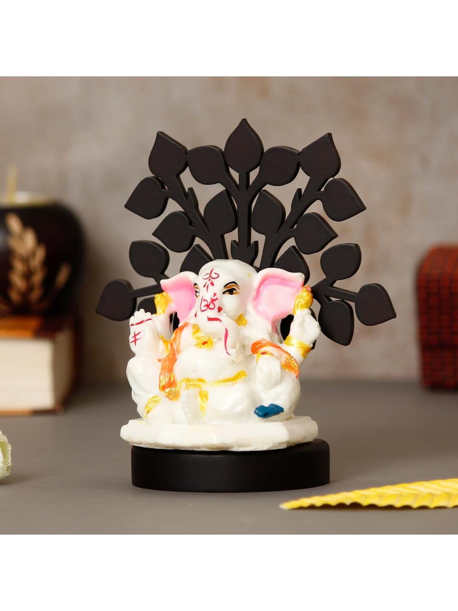 Decorative Lord Ganesha Idol with Wooden Tree for Car Dashboard, Home Temple and Office Desks