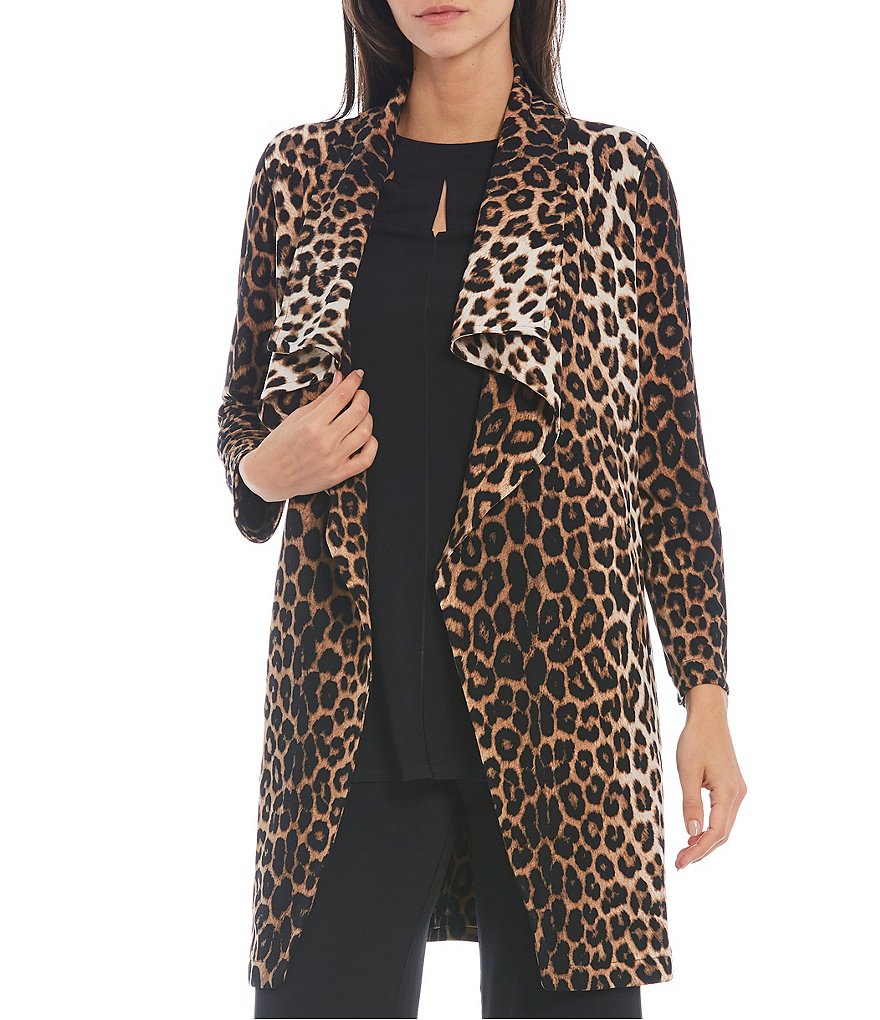 Eva Varro Leopard Print Knit Open-Front Long Sleeve Topper Coat