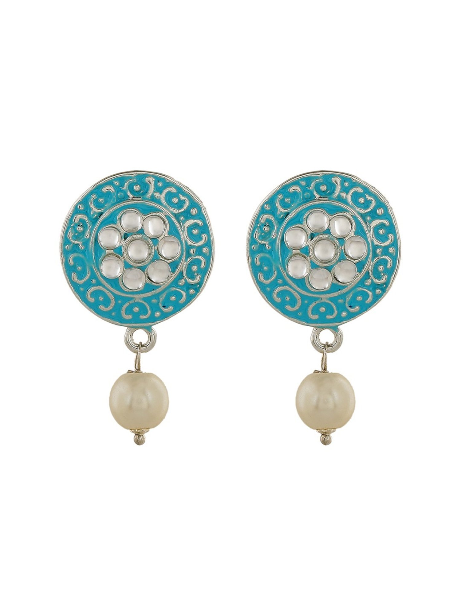 Estele Rhodium-Plated Sparkling Meenakari Pearl Drop Earrings