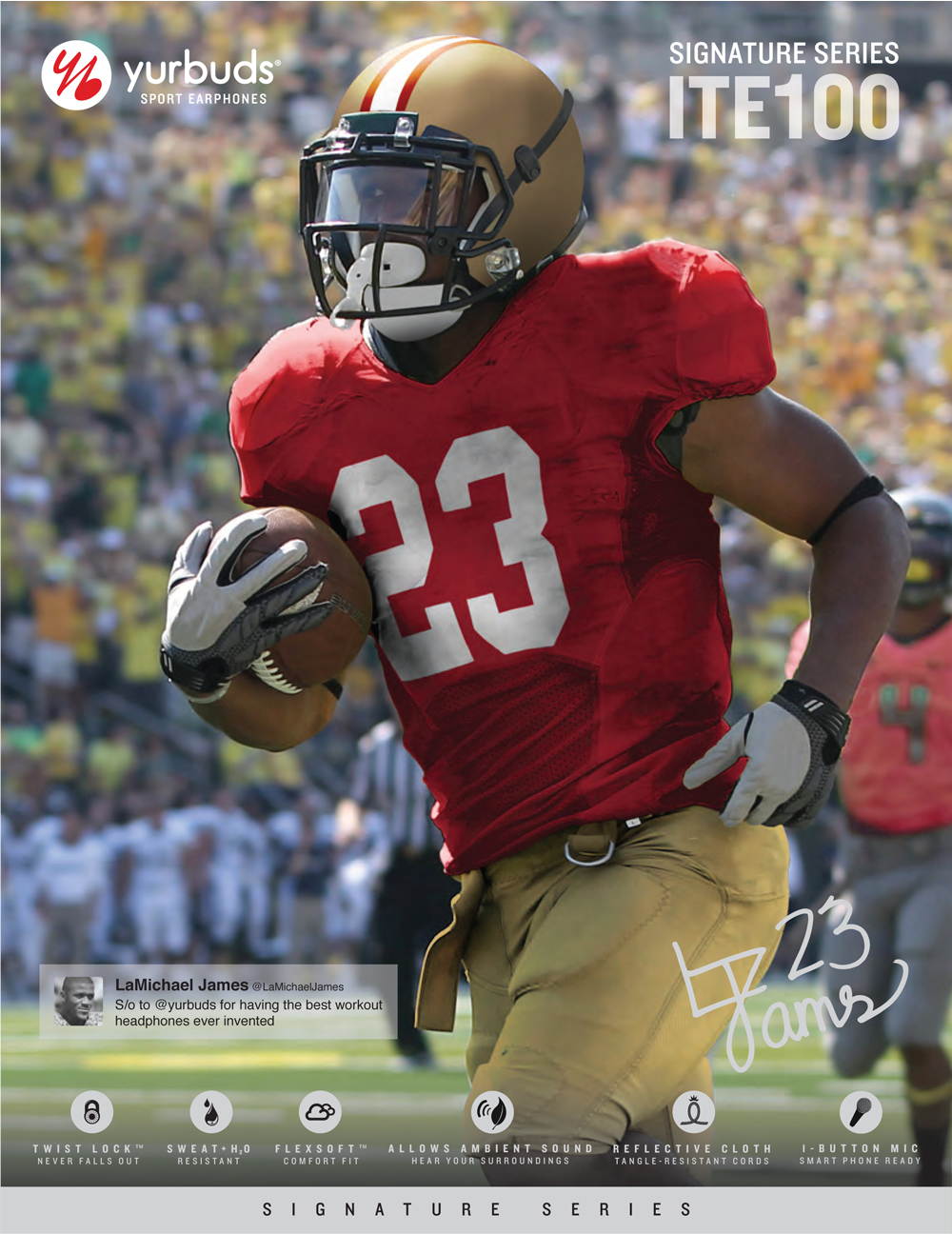 Yurbuds Sport Signature Earphones Earbuds Headphones Mic Remote LaMichael James