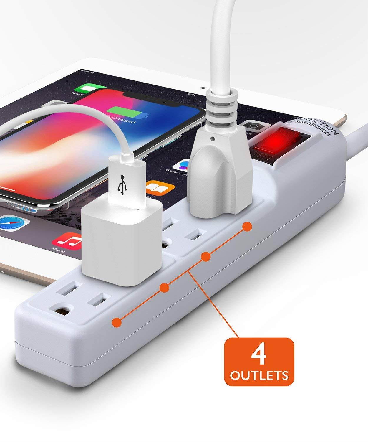 Surge Protector Power Strip Flat Plug, Fosmon [ETL Listed] 4-Outlet Power Strip 1875W 15A 300J, 3FT Extension Cord Wall Mount with 3 Prong Grounded for Entertainment Room, Living Room, Office