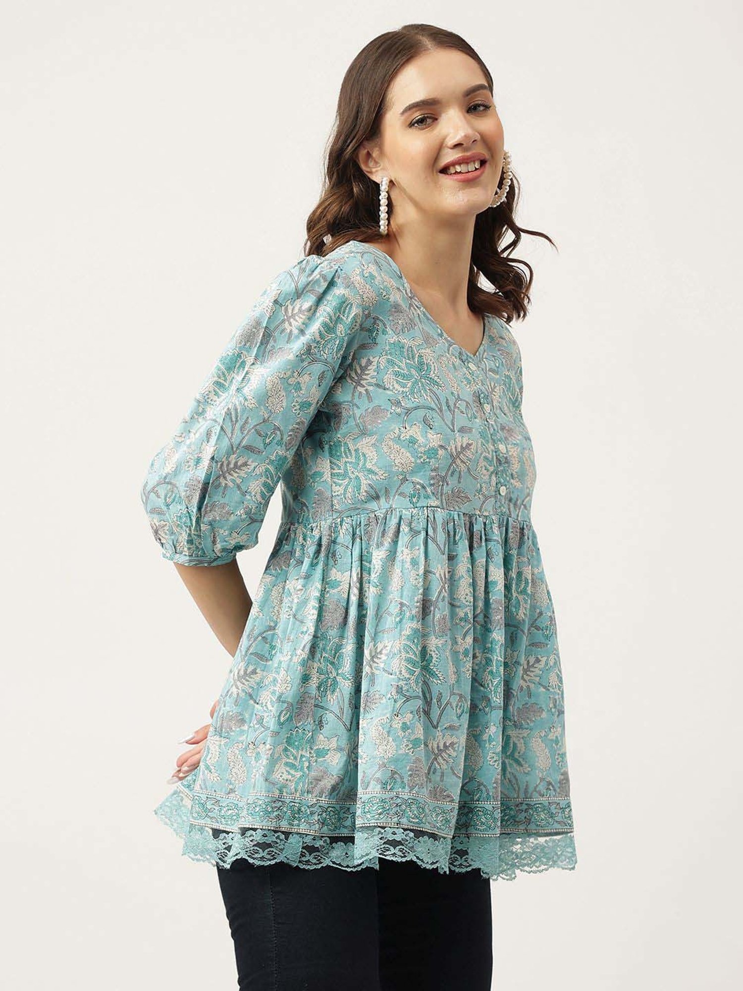 Divena Sky Blue Cotton Floral Print Top