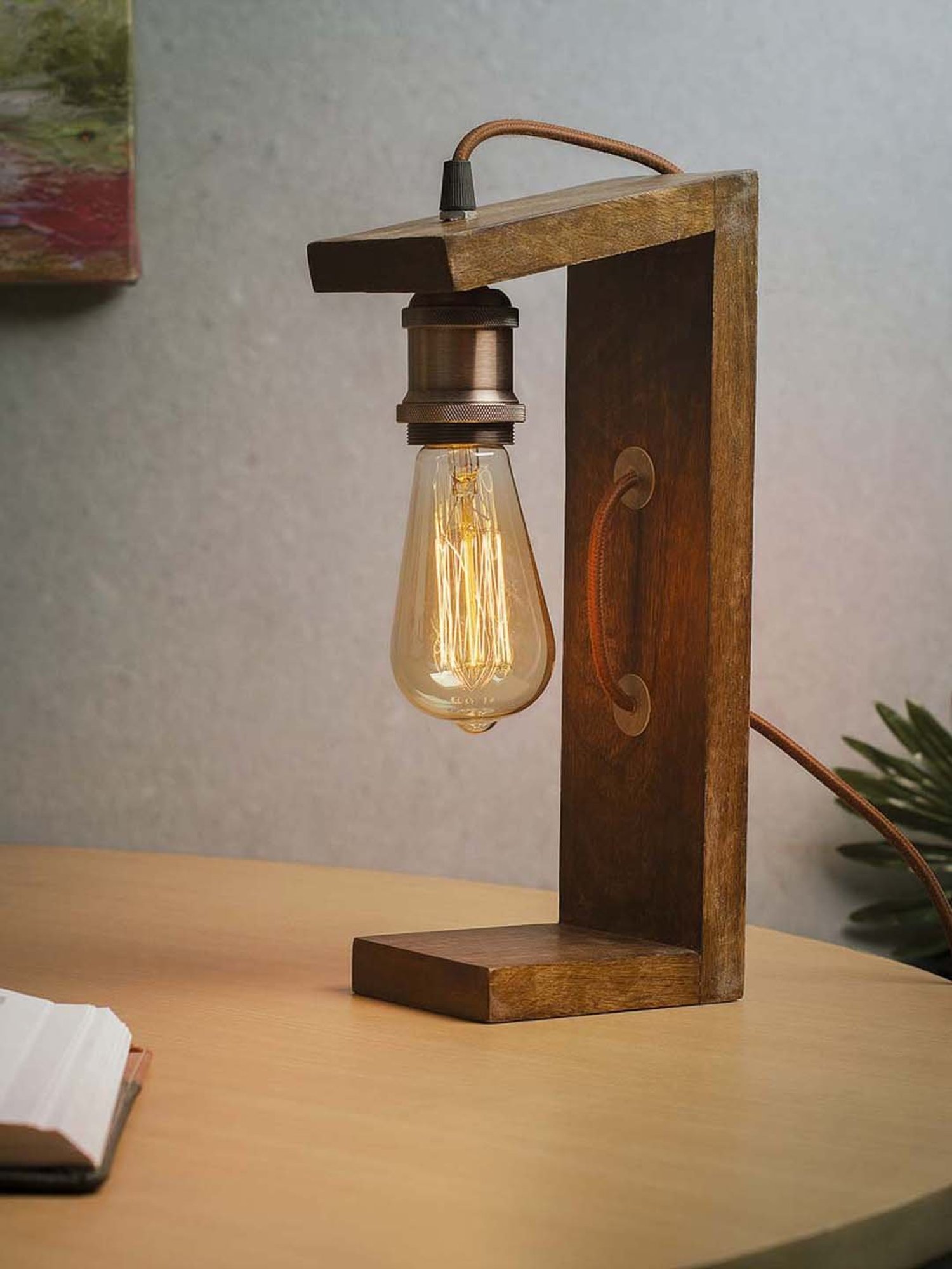 Homesake Brown Table Wooden Table Lamp with Antique Copper Holder (Bulb Included) - Set of 1