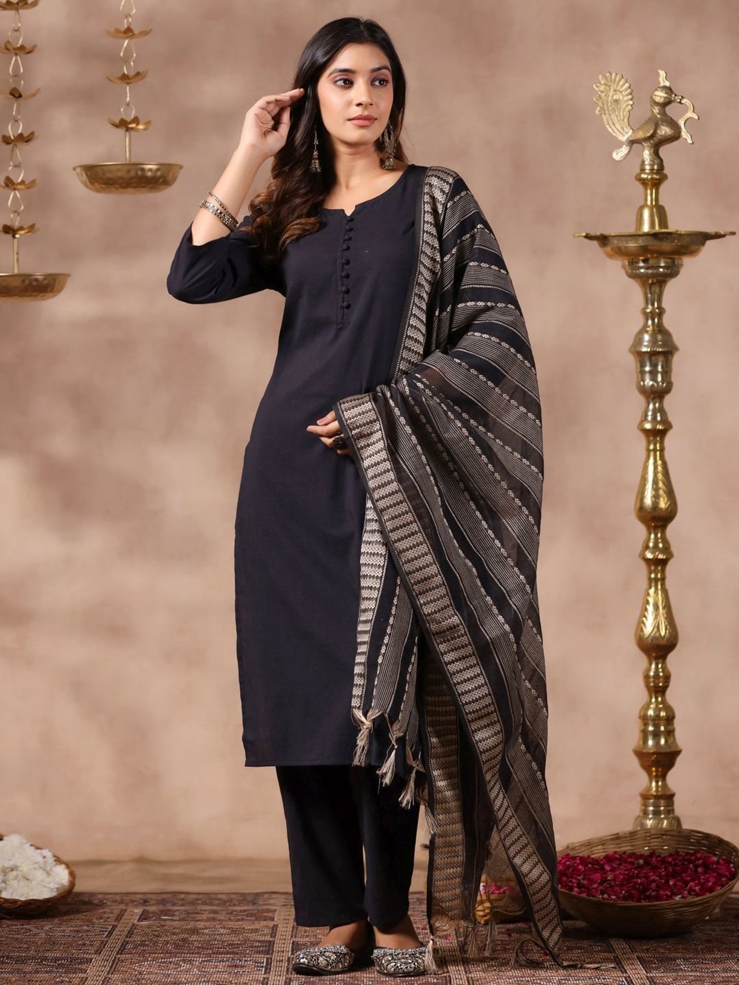 Anubhutee Black Cotton Kurta Pant Set With Dupatta