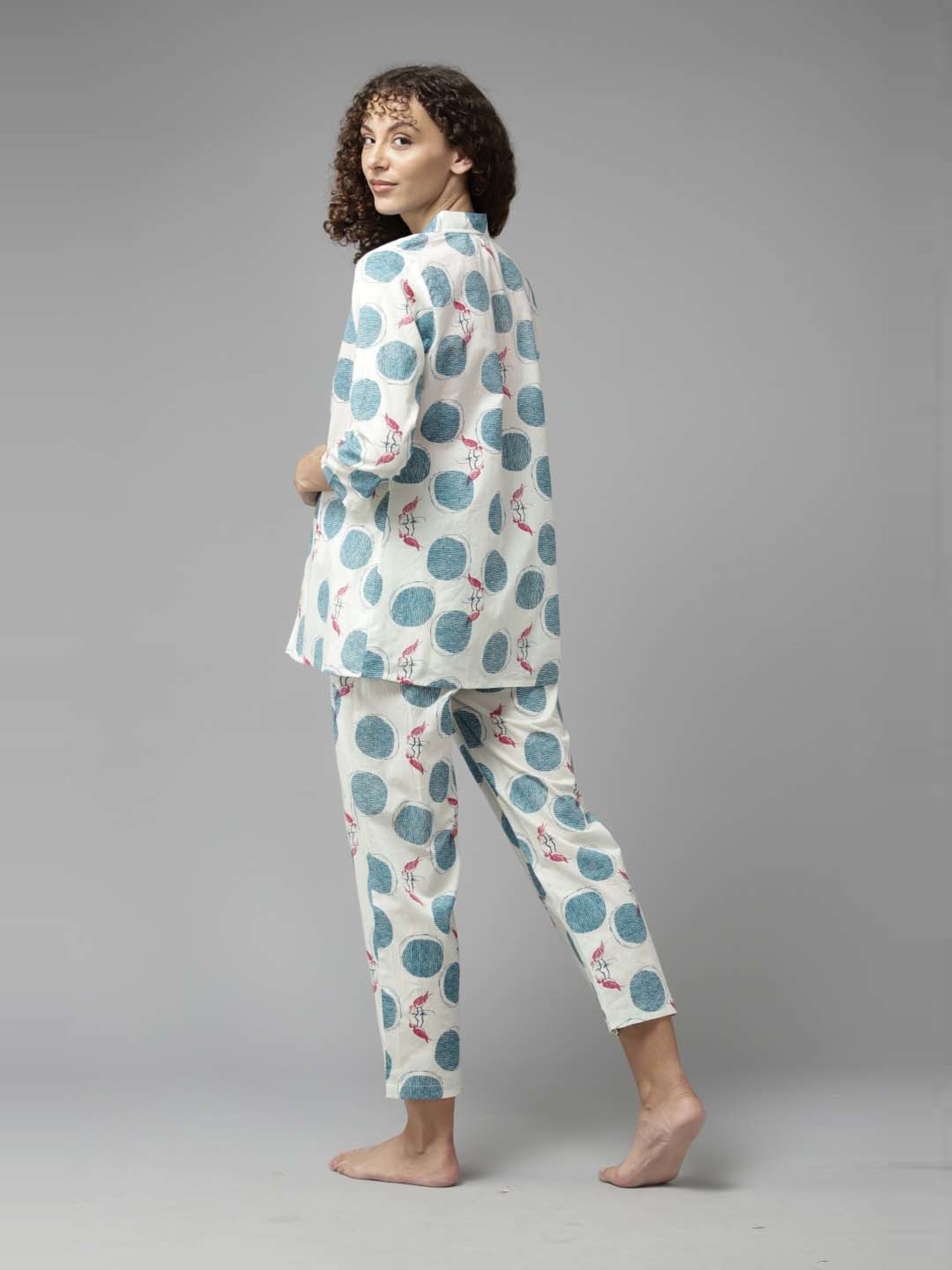 Prakrti White Cotton Printed Crop Top Pant Set With Jacket